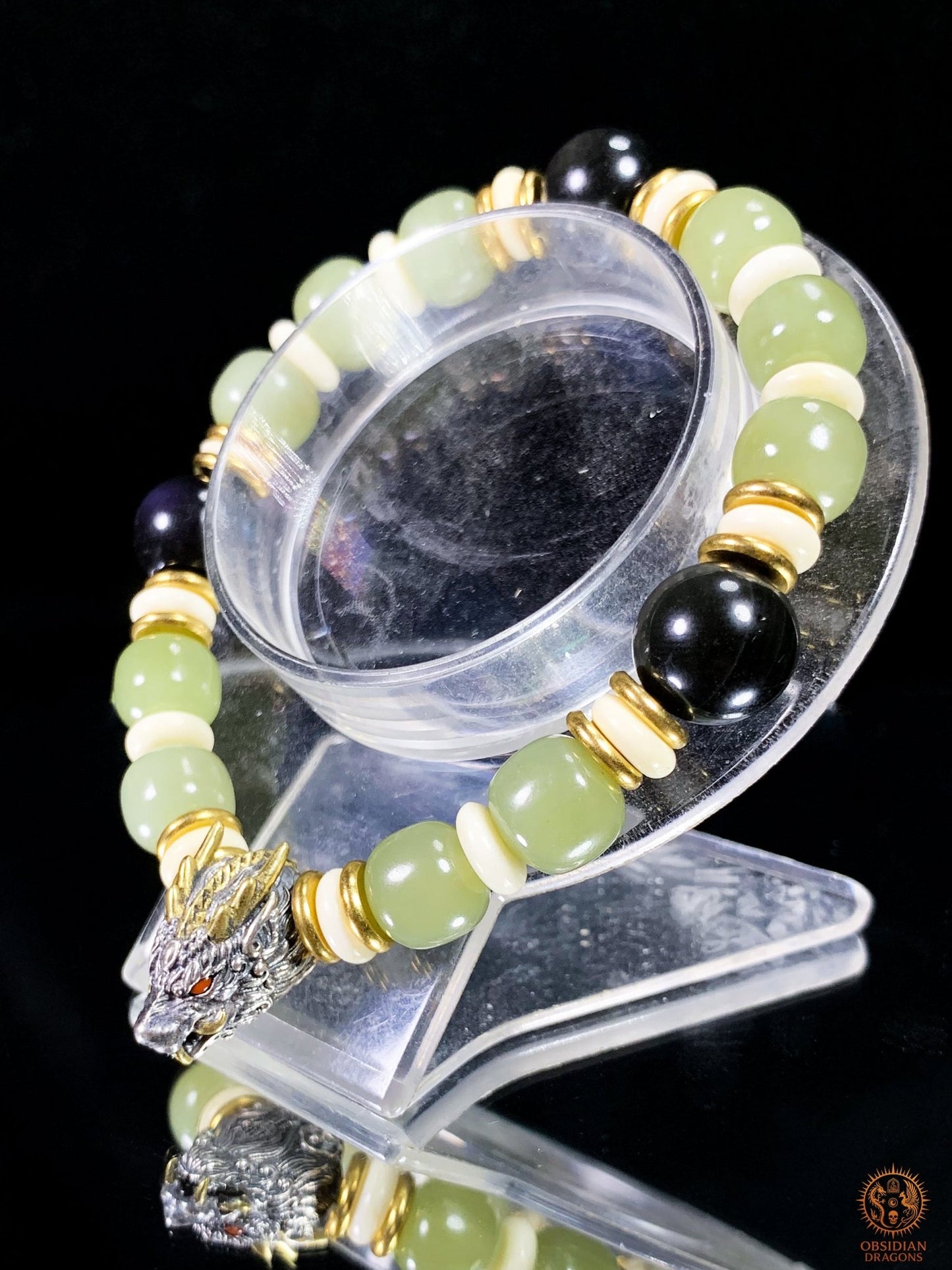 Bracelet Dragon en Jade, Obsidienne Œil Céleste et argent | obsidian dragons