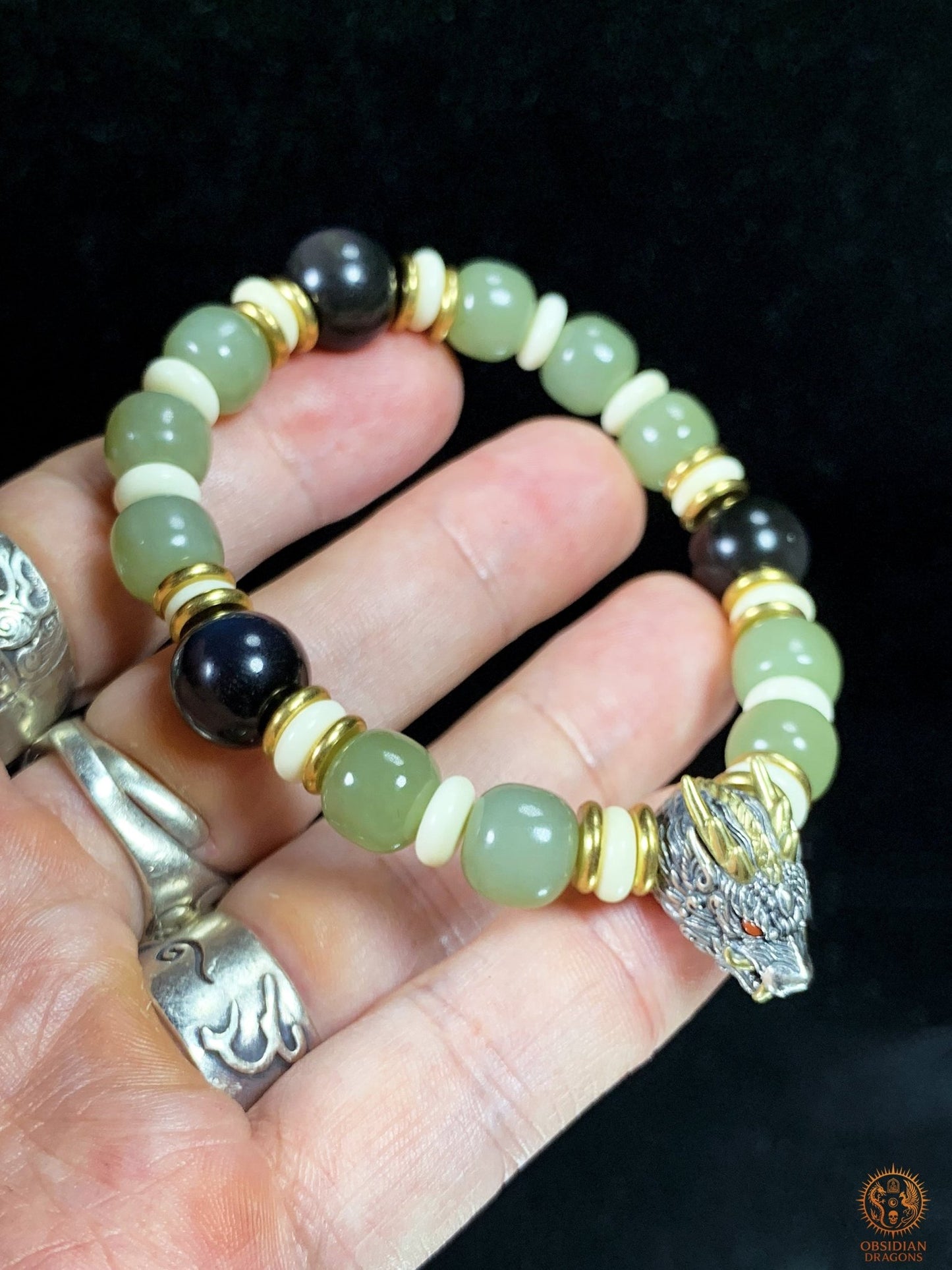Bracelet Dragon en Jade, Obsidienne Œil Céleste et argent | obsidian dragons