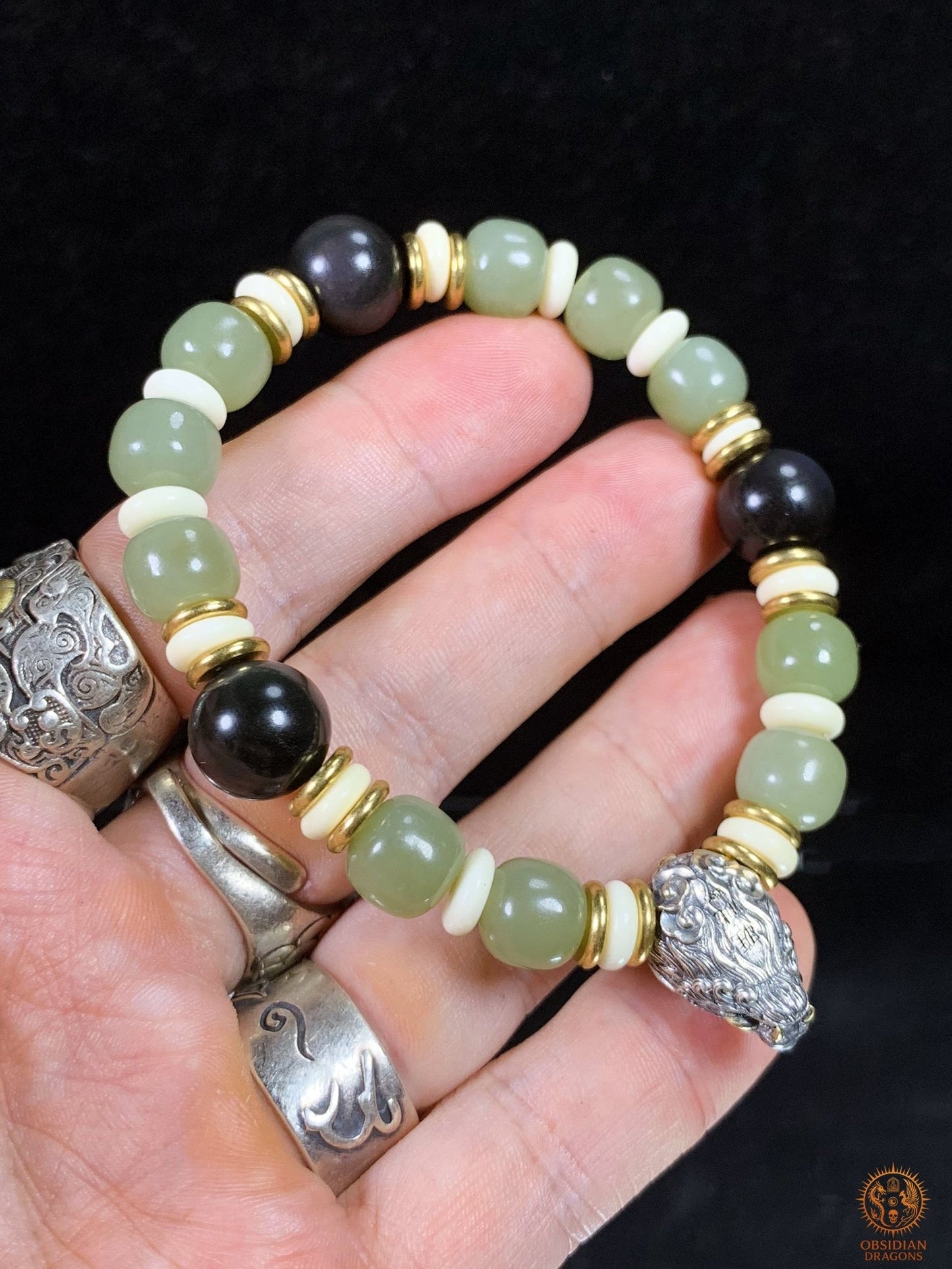 Bracelet Dragon en Jade, Obsidienne Œil Céleste et argent