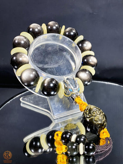 Bracelet Dragon en obsidienne argentée – Tête de Dragon en Argent | obsidian dragons