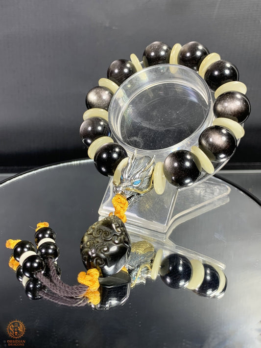 Bracelet Dragon en obsidienne argentée – Tête de Dragon en Argent | obsidian dragons