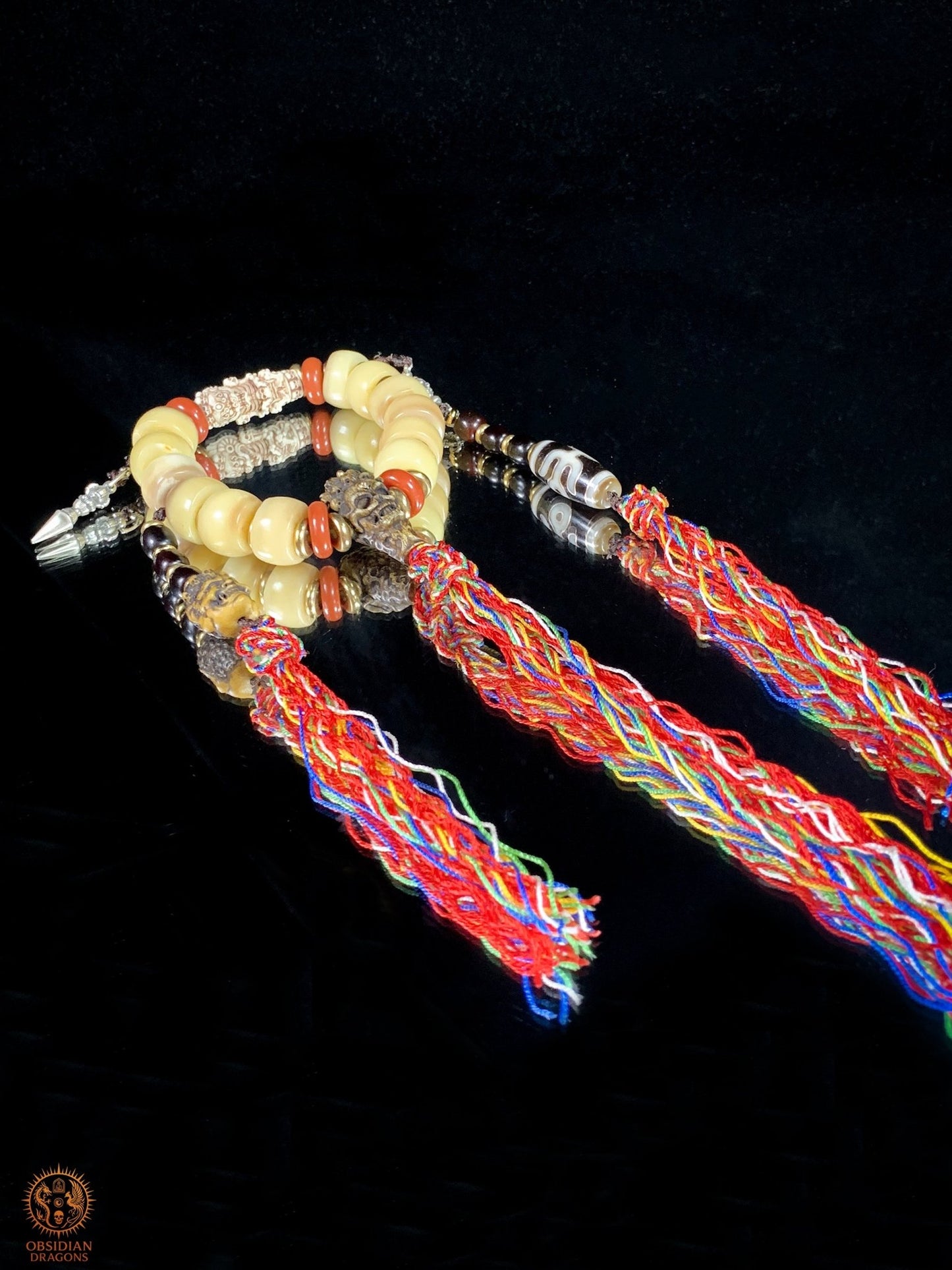 Bracelet Tantrique Tibétain en Os - Mala de poignet - obsidian dragons