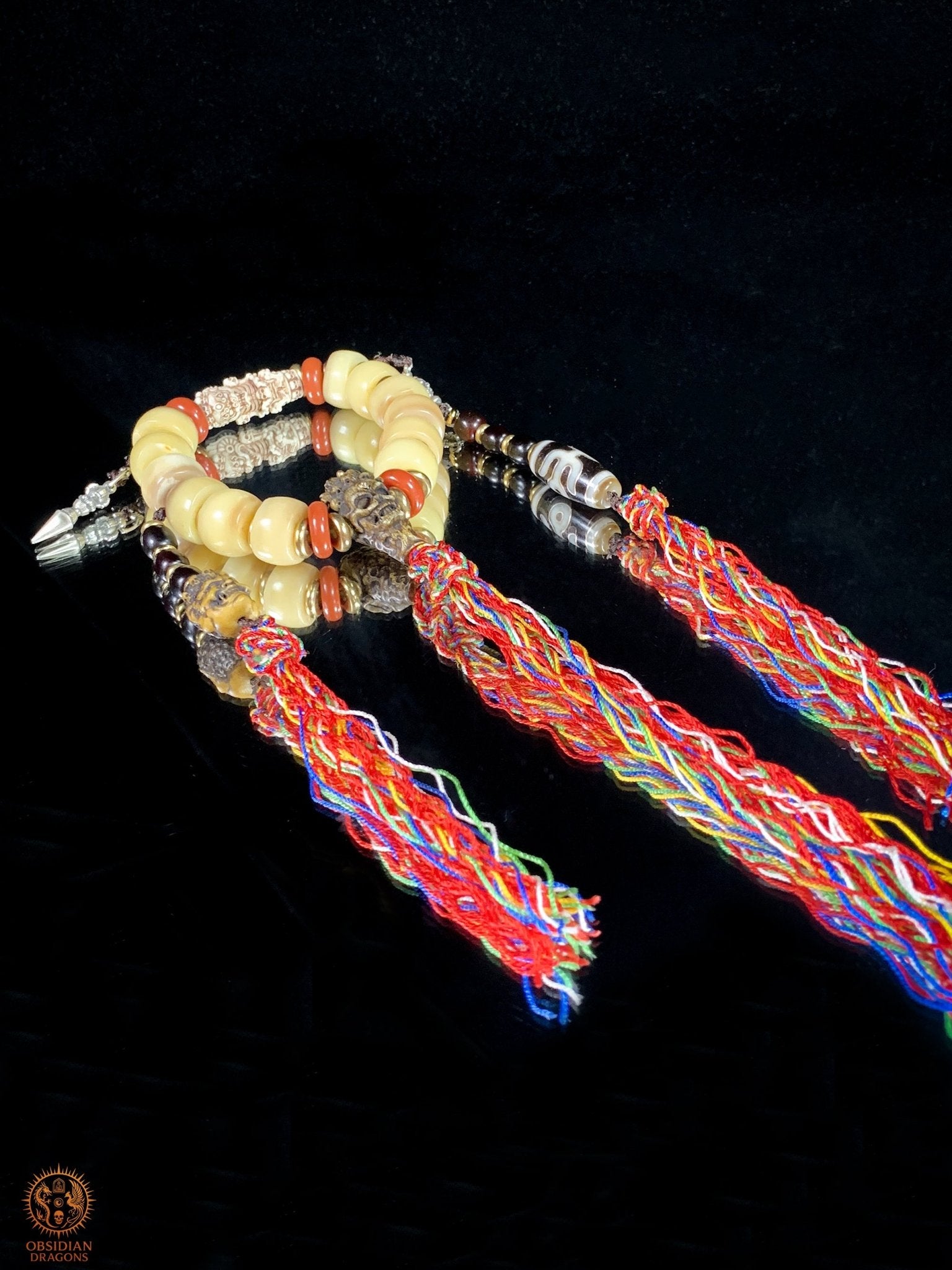 Bracelet Tantrique Tibétain en Os - Mala de poignet - obsidian dragons
