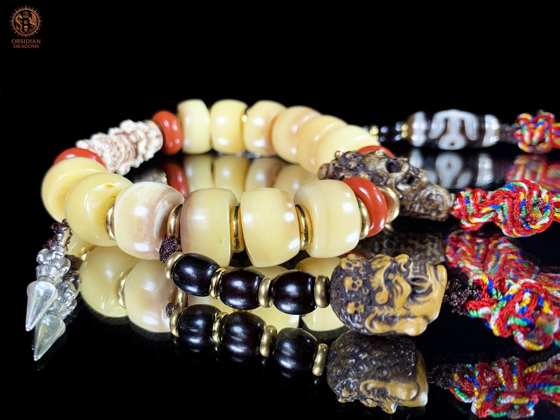 Bracelet Tantrique Tibétain en Os - Mala de poignet | obsidian dragons