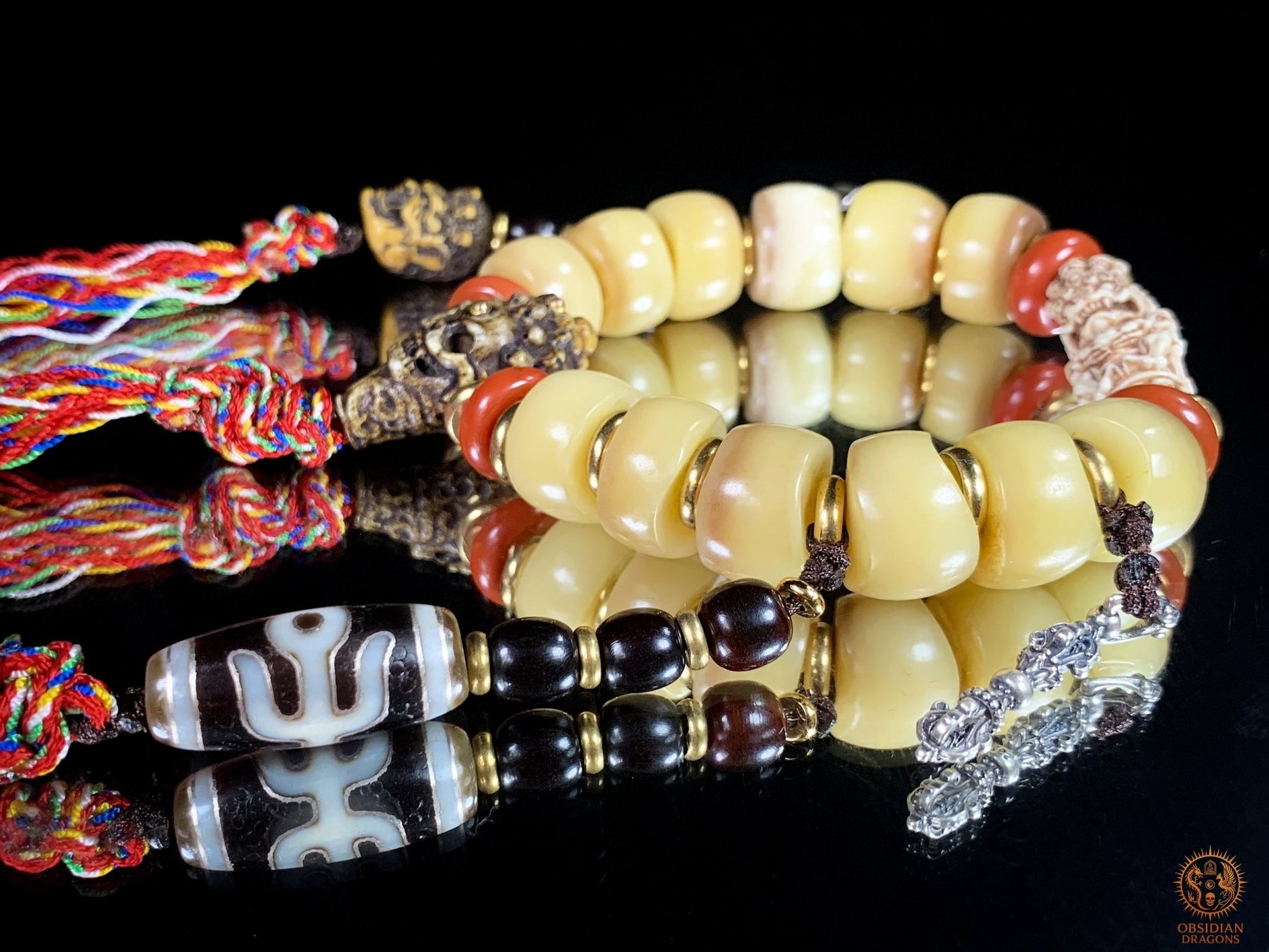 Bracelet Tantrique Tibétain en Os - Mala de poignet | obsidian dragons
