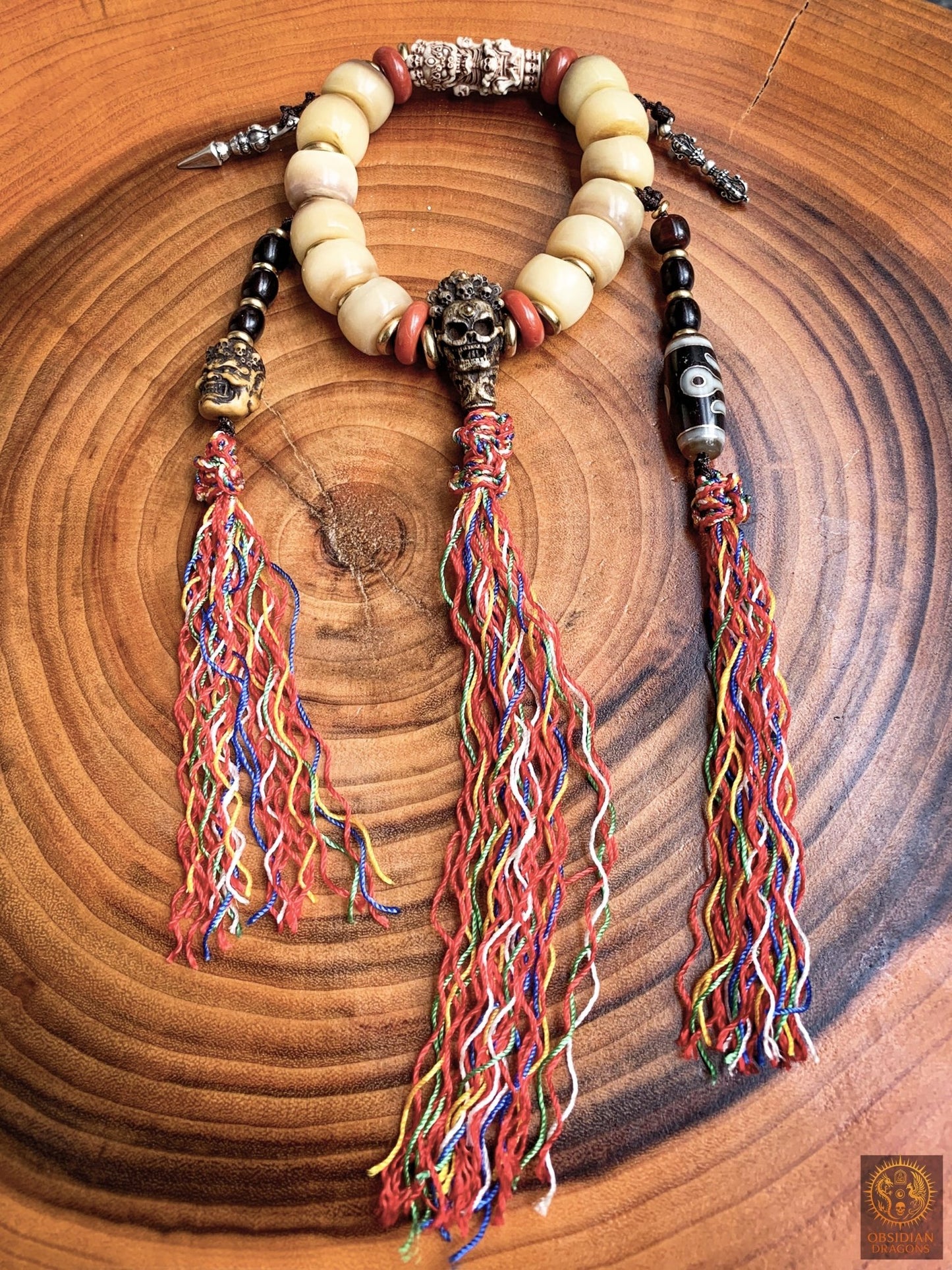 Bracelet Tantrique Tibétain en Os - Mala de poignet - obsidian dragons