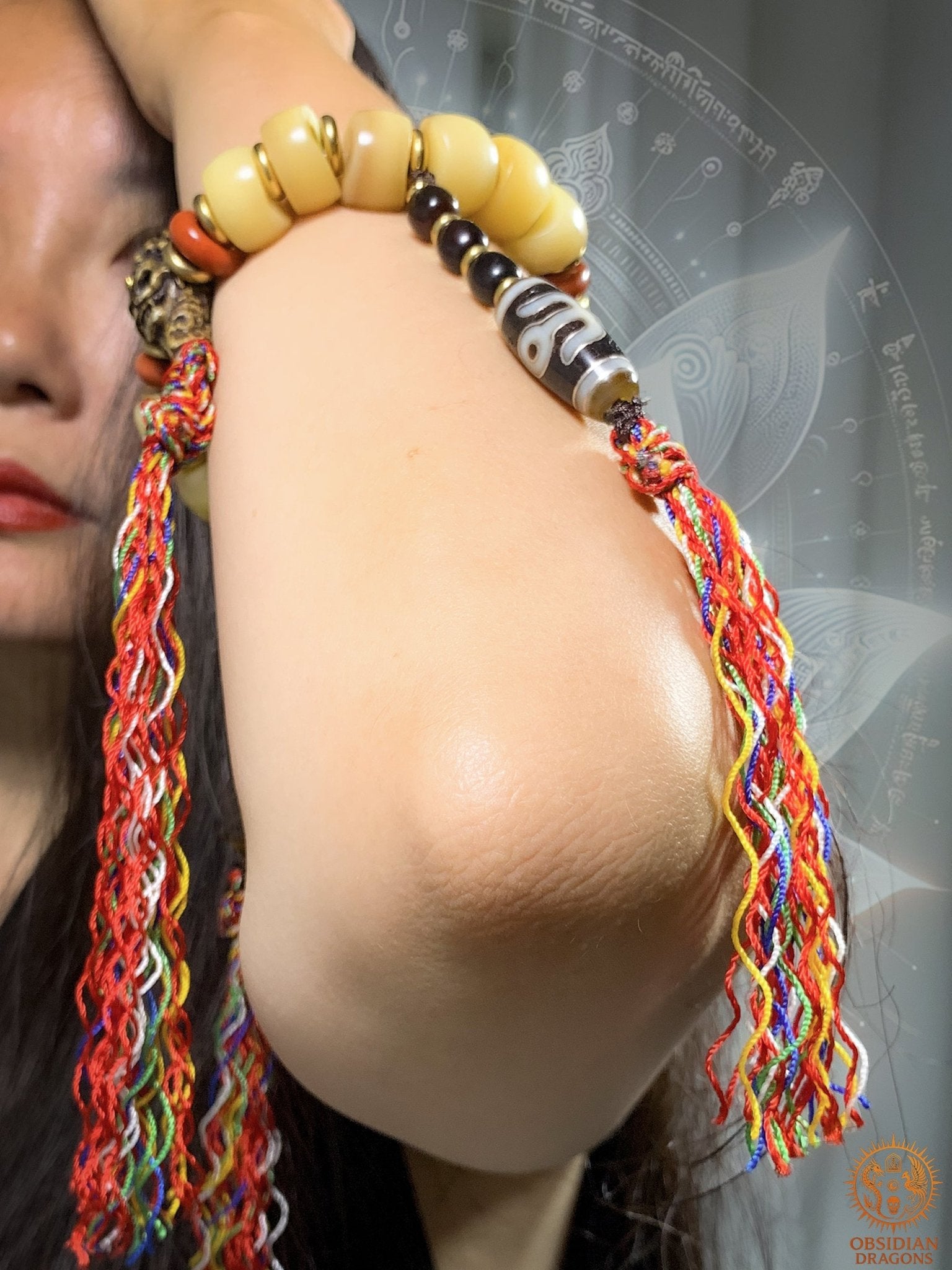Bracelet Tantrique Tibétain en Os - Mala de poignet - obsidian dragons