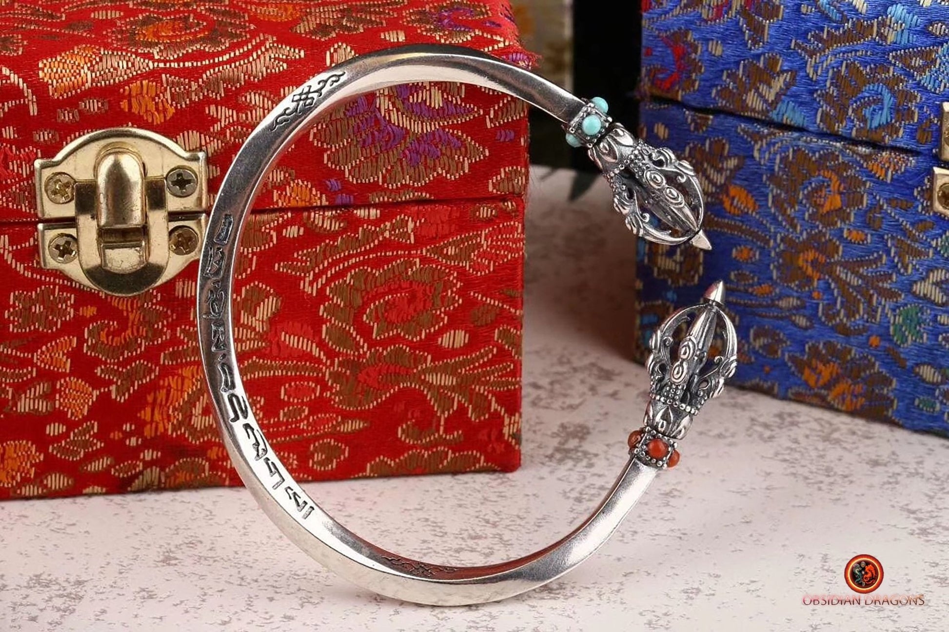 Bracelet bouddhiste en argent 925 - Protection du Dorjé | obsidian dragons