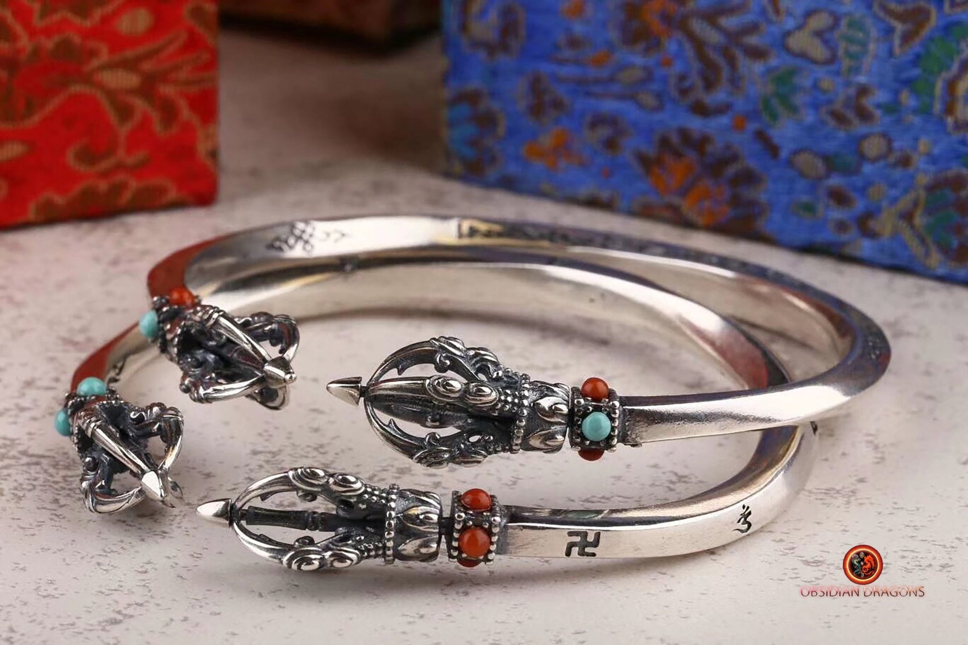 Bracelet bouddhiste en argent 925 - Protection du Dorjé | obsidian dragons