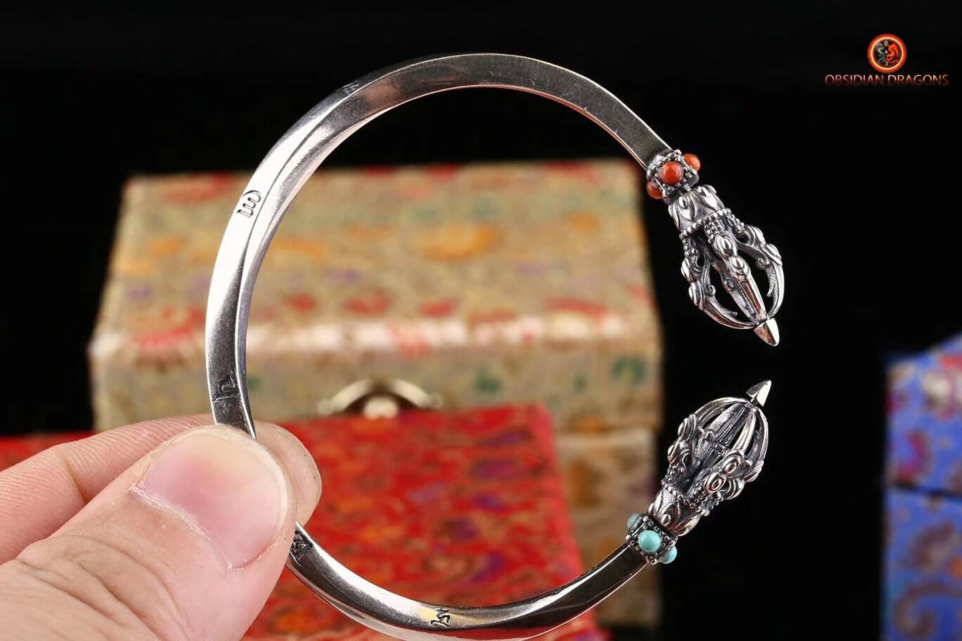 Bracelet bouddhiste en argent 925 - Protection du Dorjé | obsidian dragons
