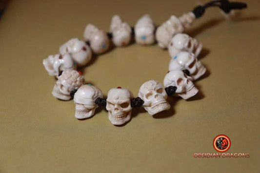 Bracelet crânes - bois de cerf et pierres - Artisanal et rare | obsidian dragons