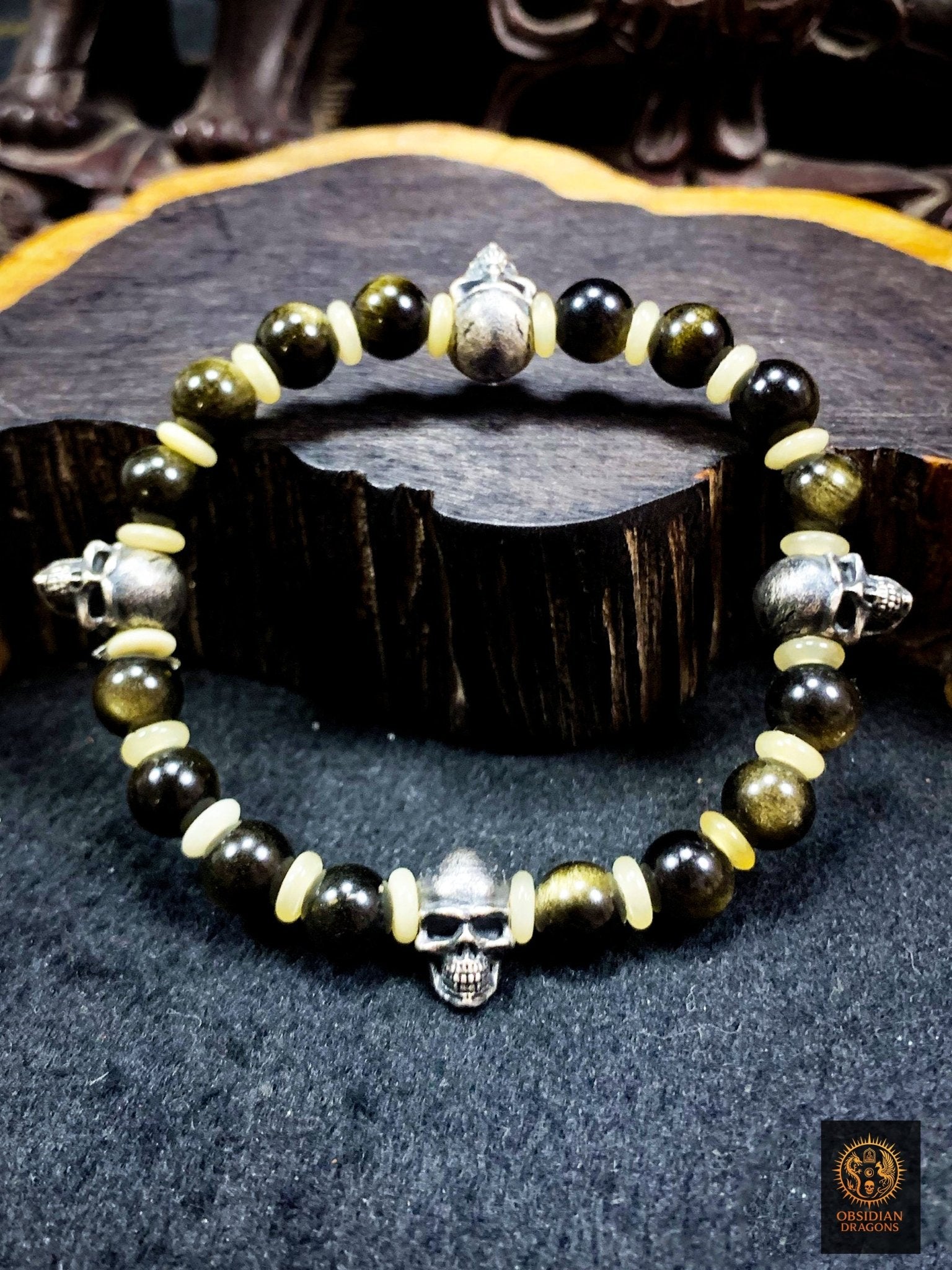 Bracelet crânes en argent – Perles d’obsidienne dorée | obsidian dragons