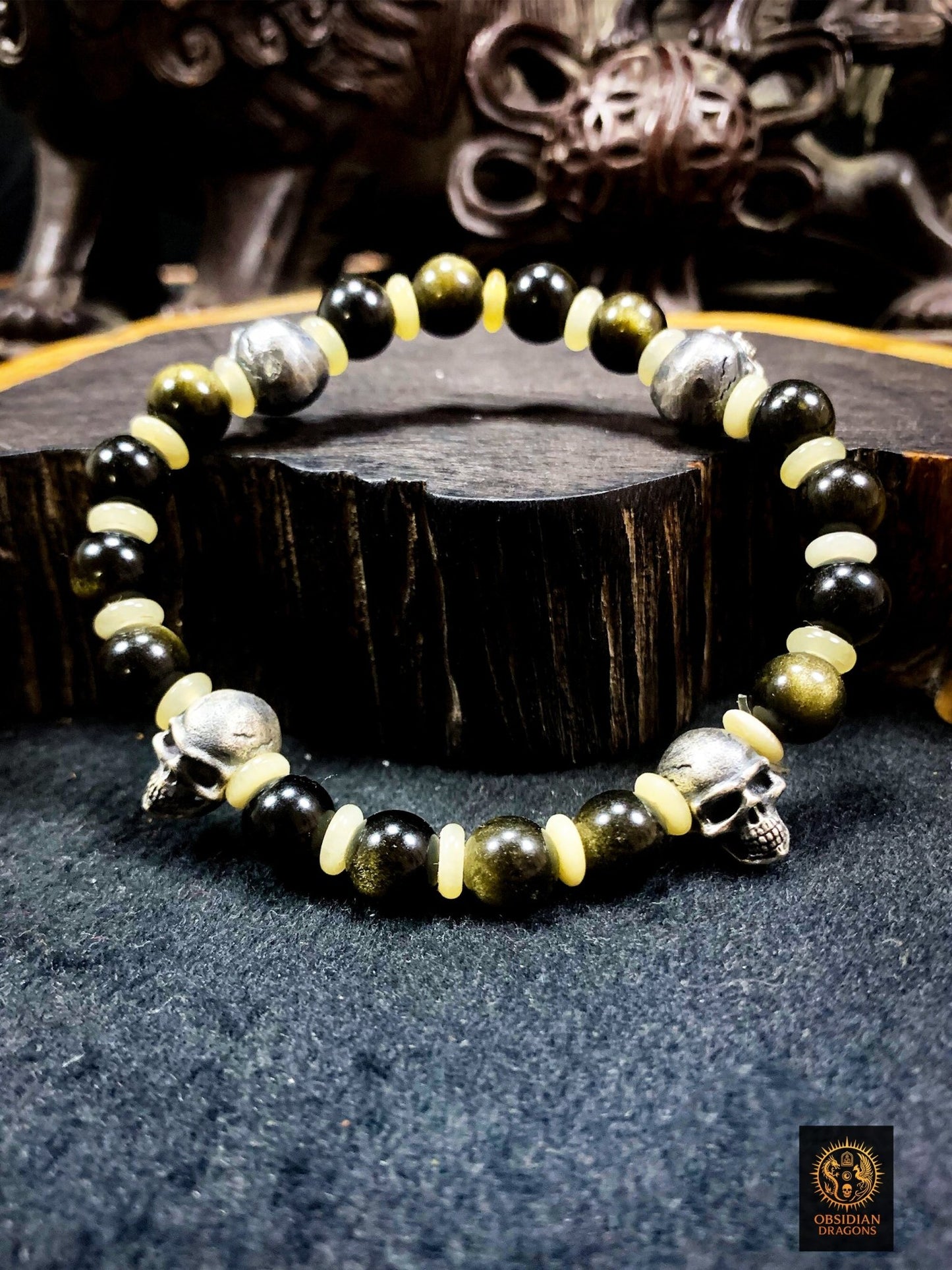 Bracelet crânes en argent – Perles d’obsidienne dorée | obsidian dragons