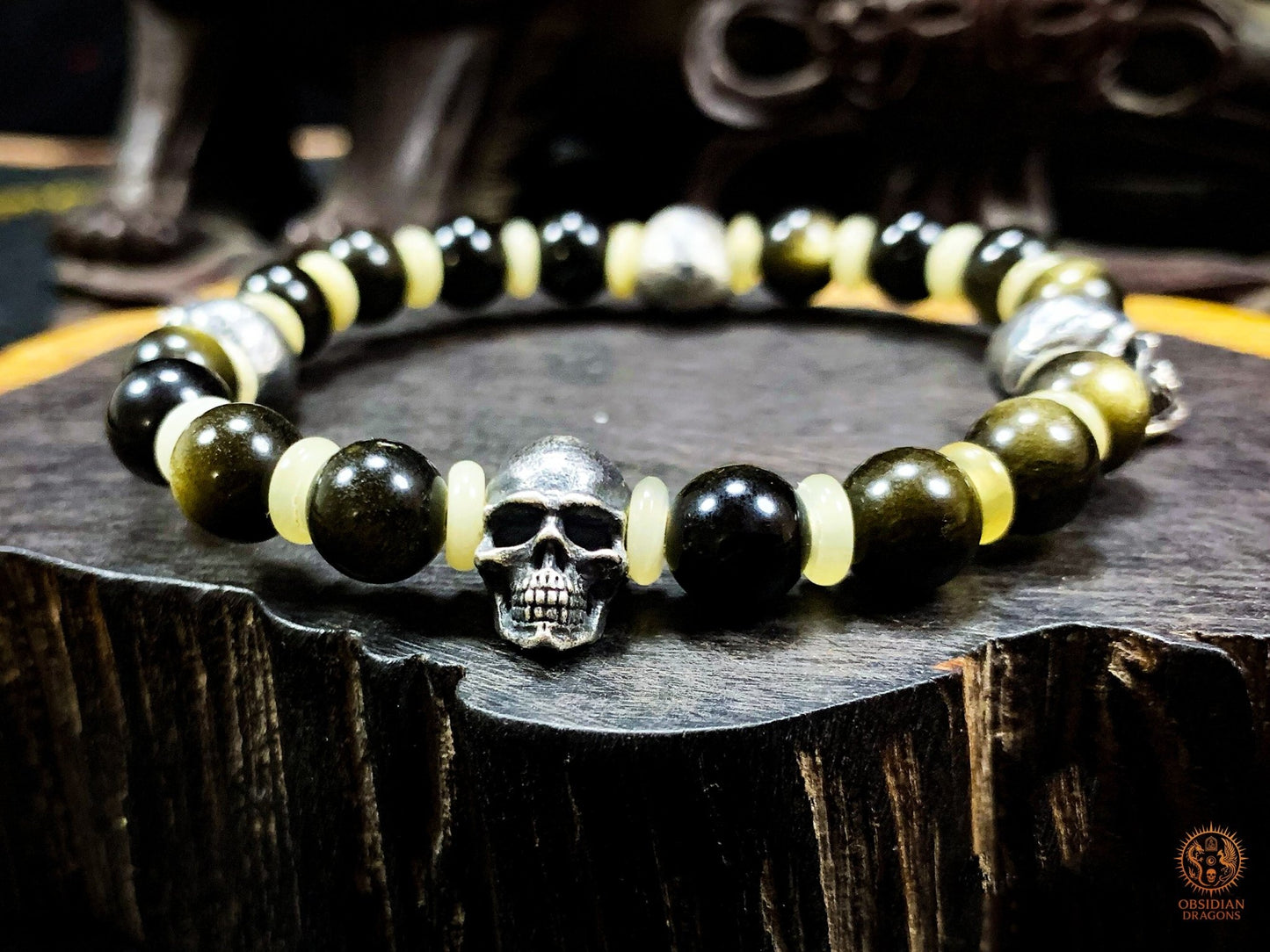 Bracelet crânes en argent – Perles d’obsidienne dorée | obsidian dragons