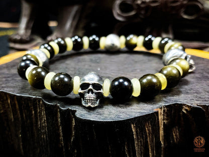 Bracelet crânes en argent – Perles d’obsidienne dorée | obsidian dragons