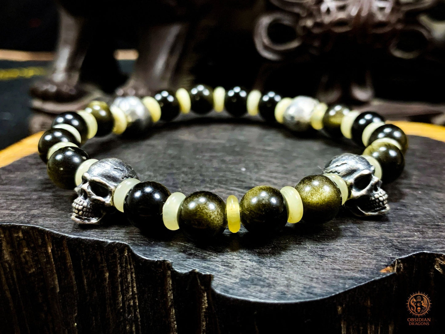 Bracelet crânes en argent – Perles d’obsidienne dorée | obsidian dragons
