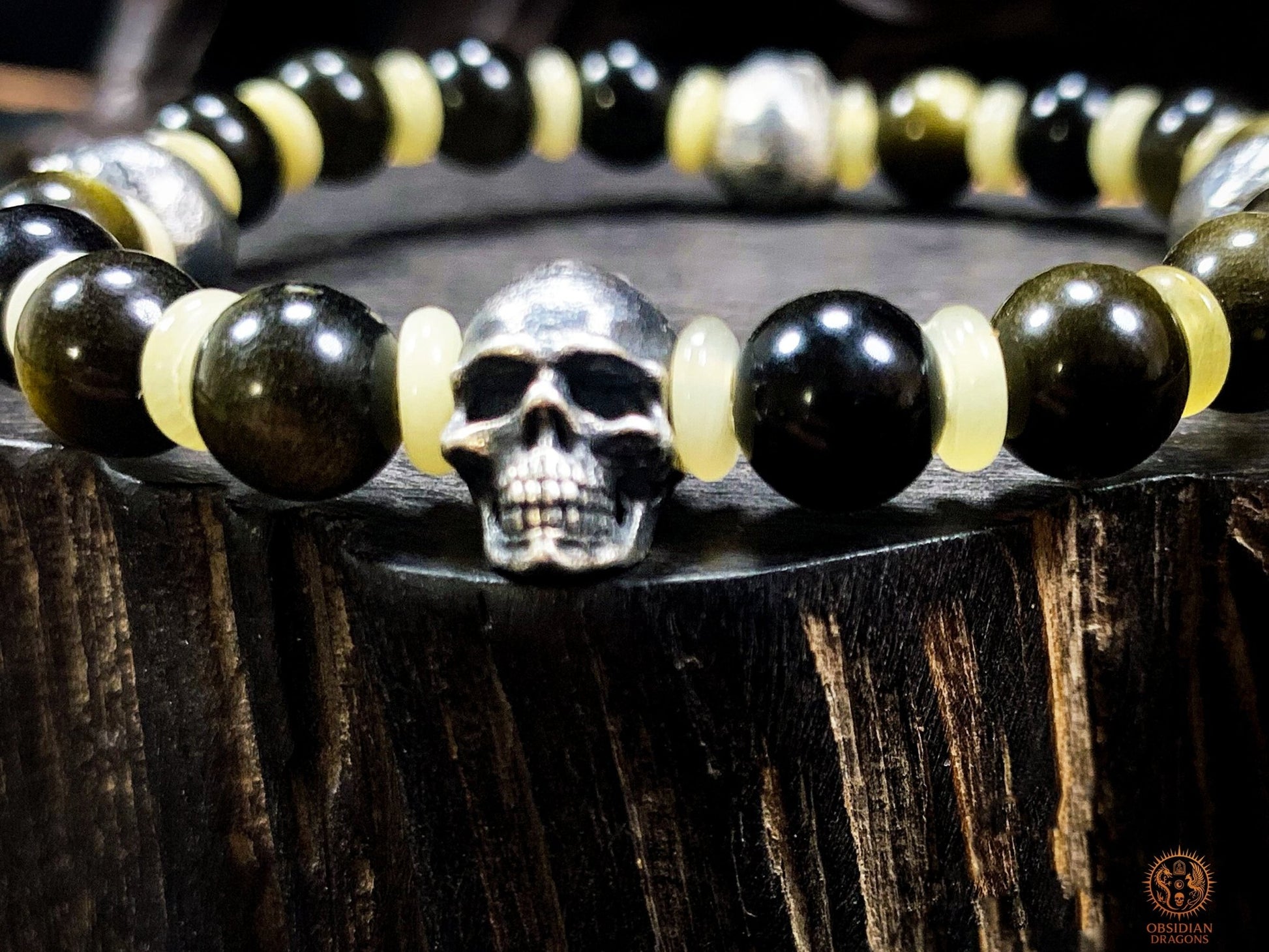 Bracelet crânes en argent – Perles d’obsidienne dorée | obsidian dragons