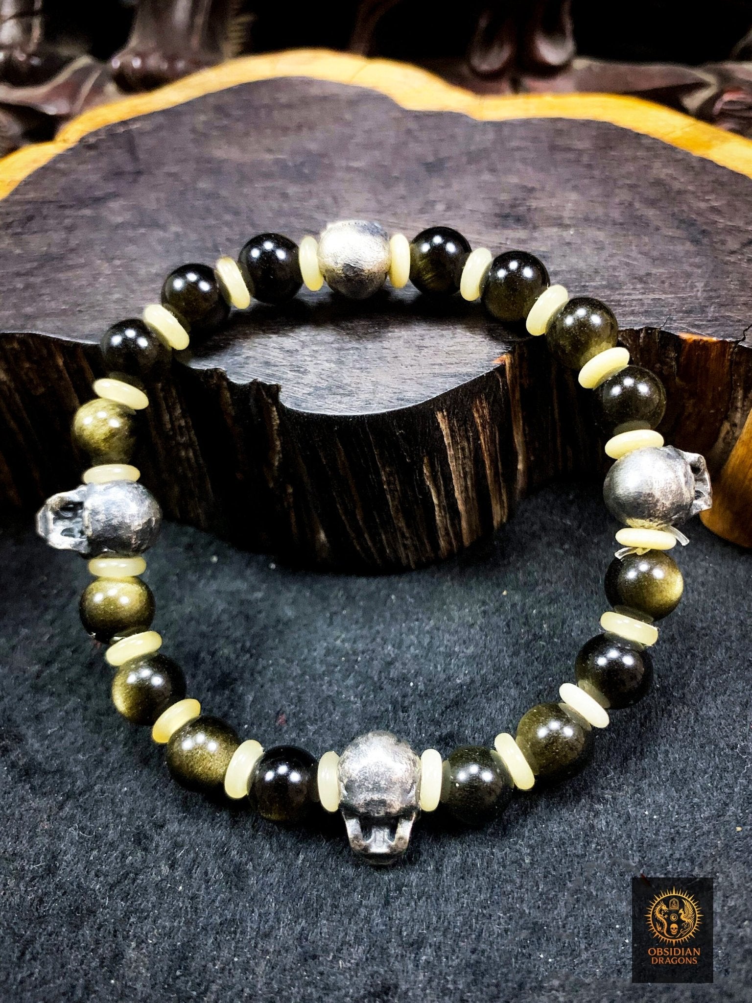 Bracelet crânes en argent – Perles d’obsidienne dorée | obsidian dragons