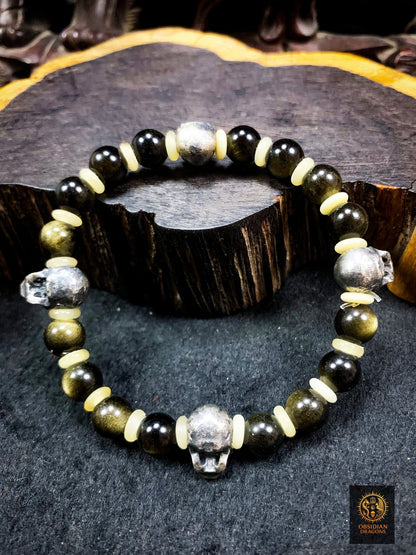 Bracelet crânes en argent – Perles d’obsidienne dorée | obsidian dragons
