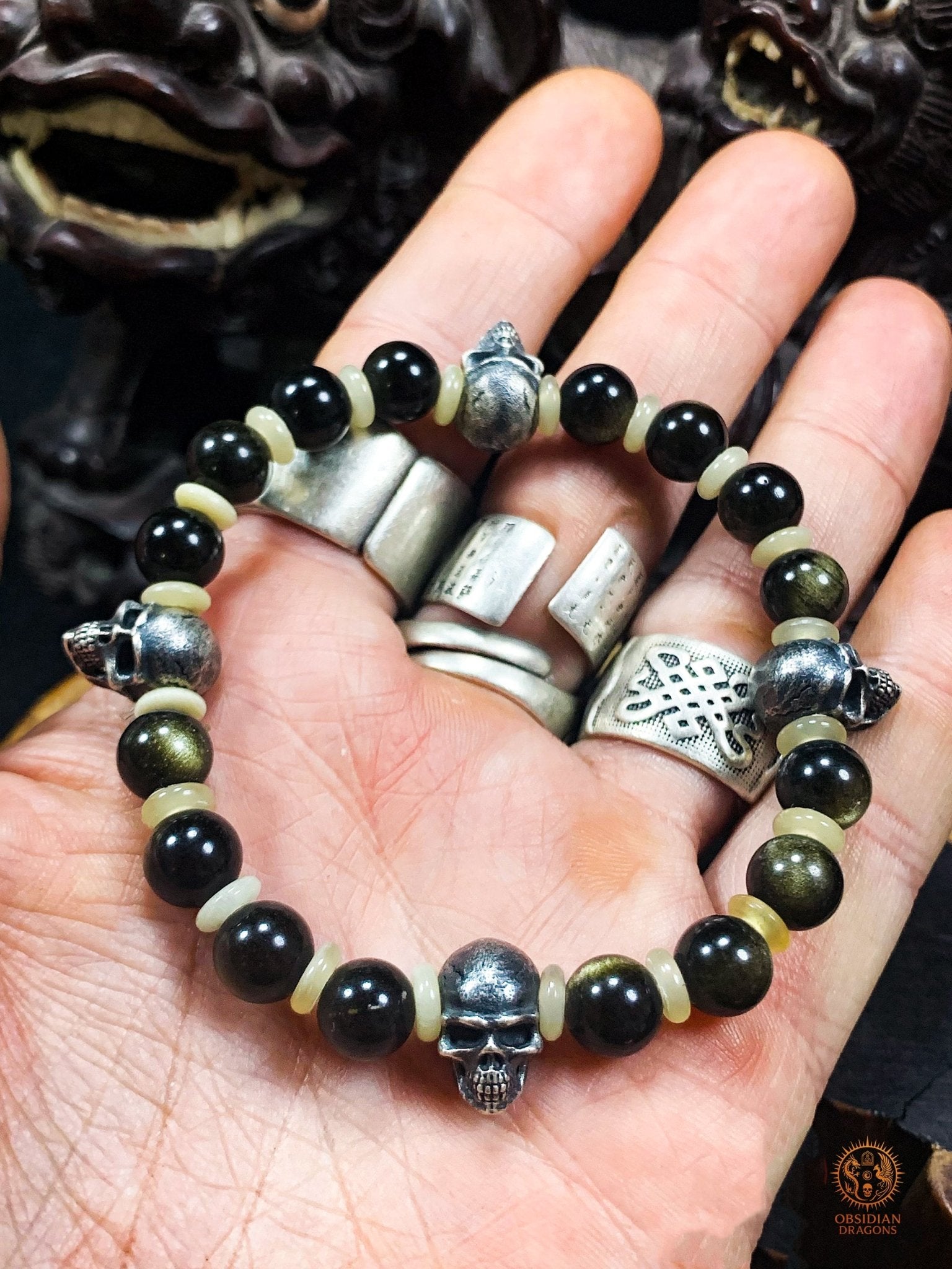 Bracelet crânes en argent – Perles d’obsidienne dorée | obsidian dragons