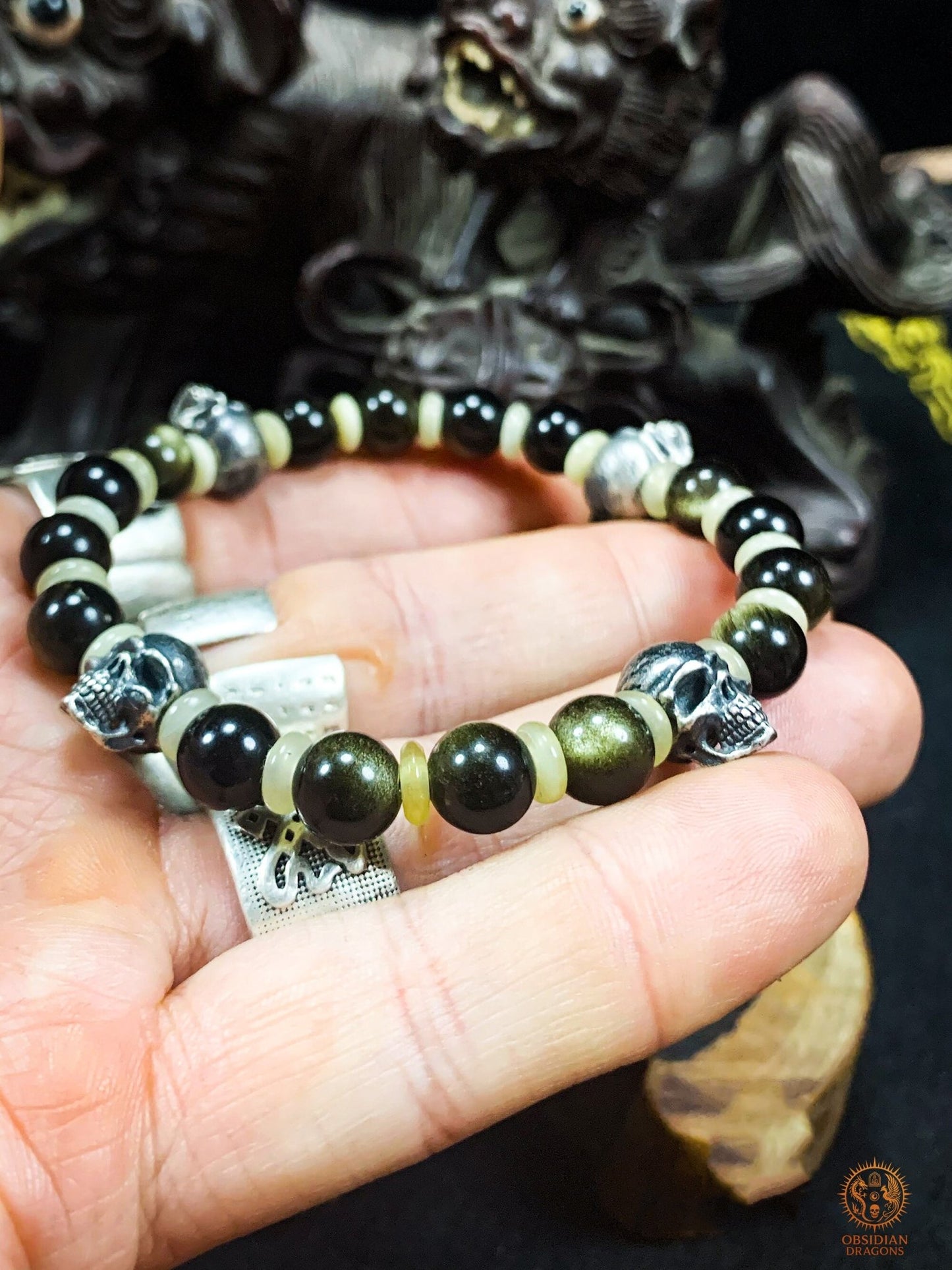 Bracelet crânes en argent – Perles d’obsidienne dorée | obsidian dragons