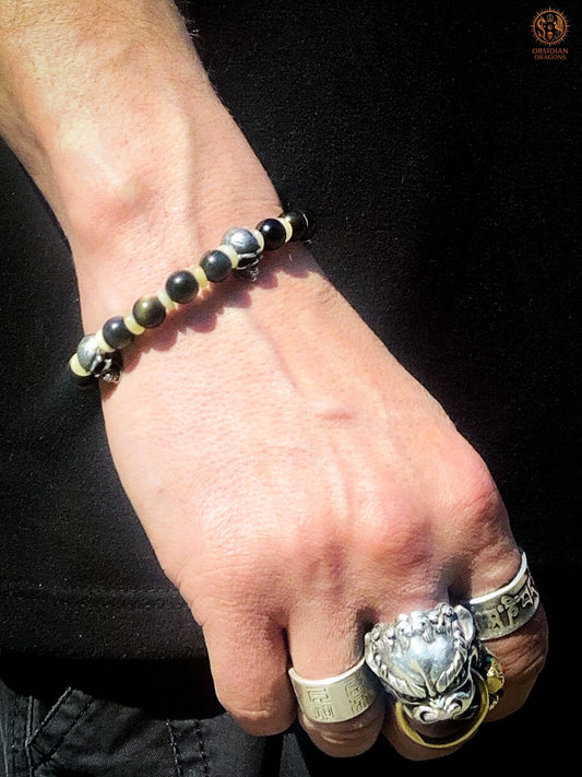 Bracelet crânes en argent – Perles d’obsidienne dorée | obsidian dragons
