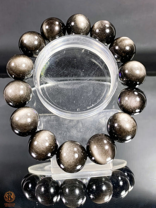Bracelet en Obsidienne Argentée – Qualité rare - Perles 16mm | obsidian dragons