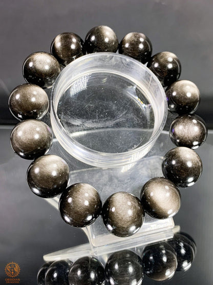 Bracelet en Obsidienne Argentée – Qualité rare - Perles 16mm | obsidian dragons