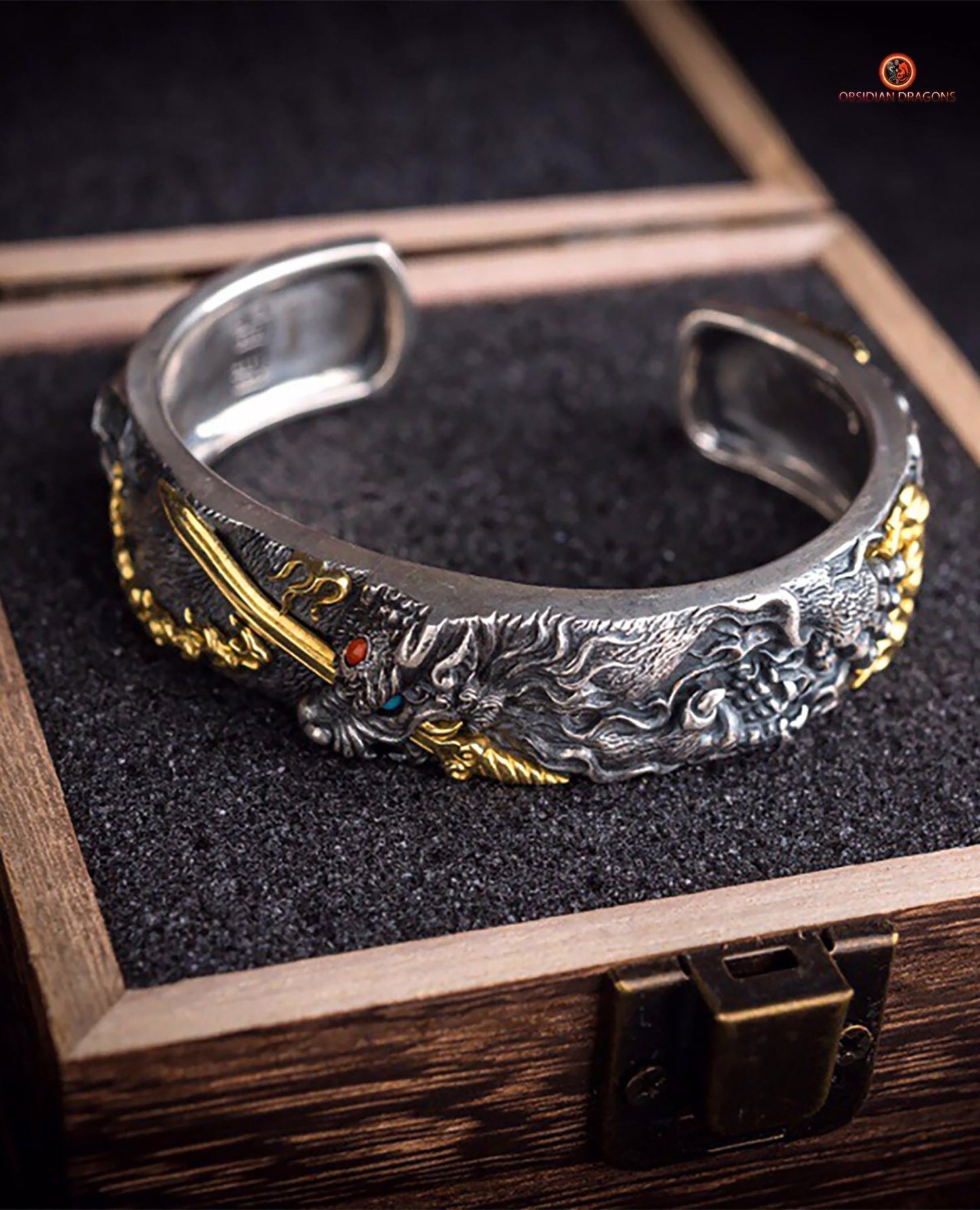 Bracelet Manchette Dragon Yazi en Argent - Force et Protection | obsidian dragons