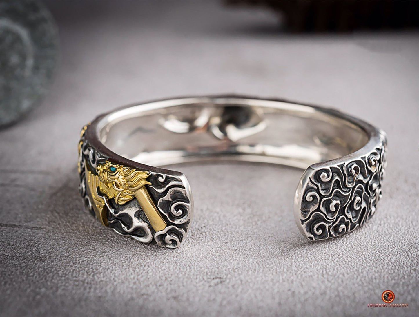 Bracelet Manchette Dragon Yazi en Argent - Force et Protection | obsidian dragons
