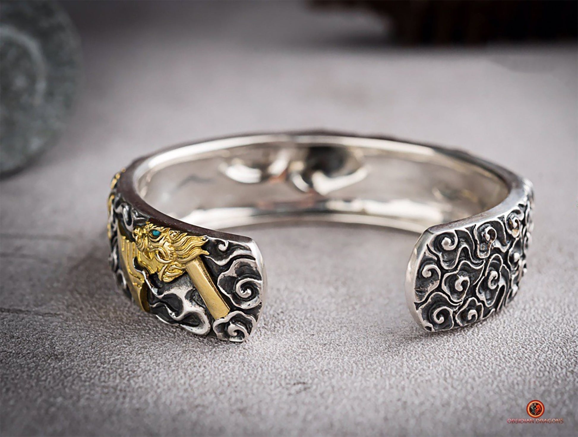 Bracelet Manchette Dragon Yazi en Argent - Force et Protection | obsidian dragons