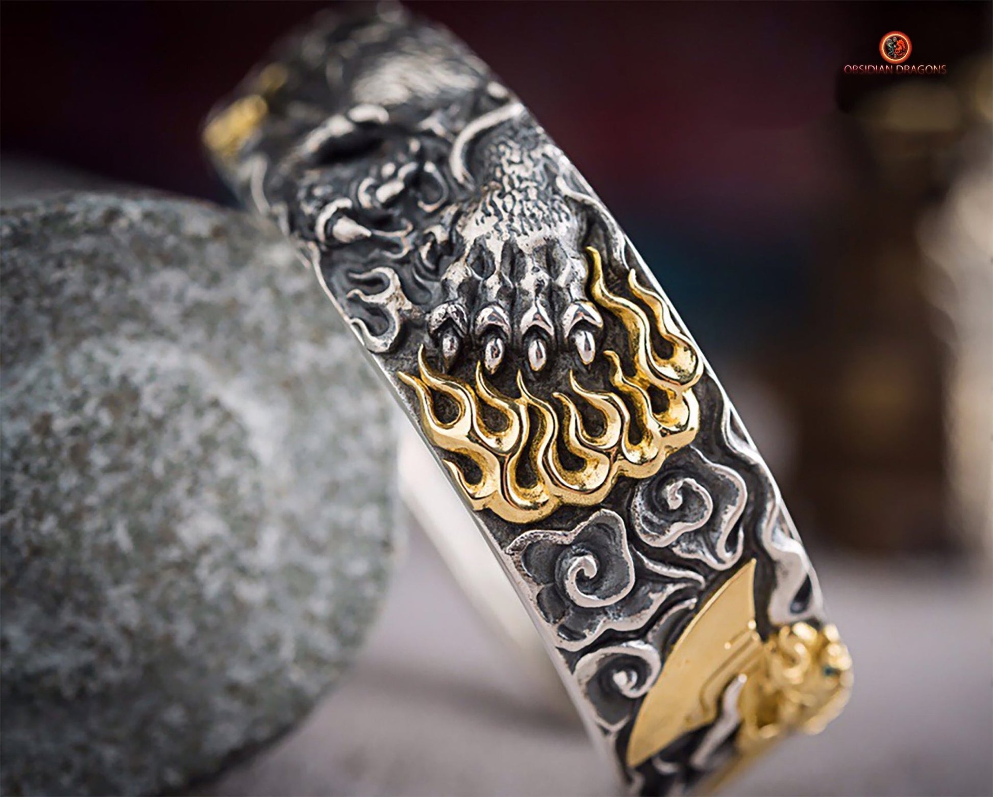 Bracelet Manchette Dragon Yazi en Argent - Force et Protection | obsidian dragons