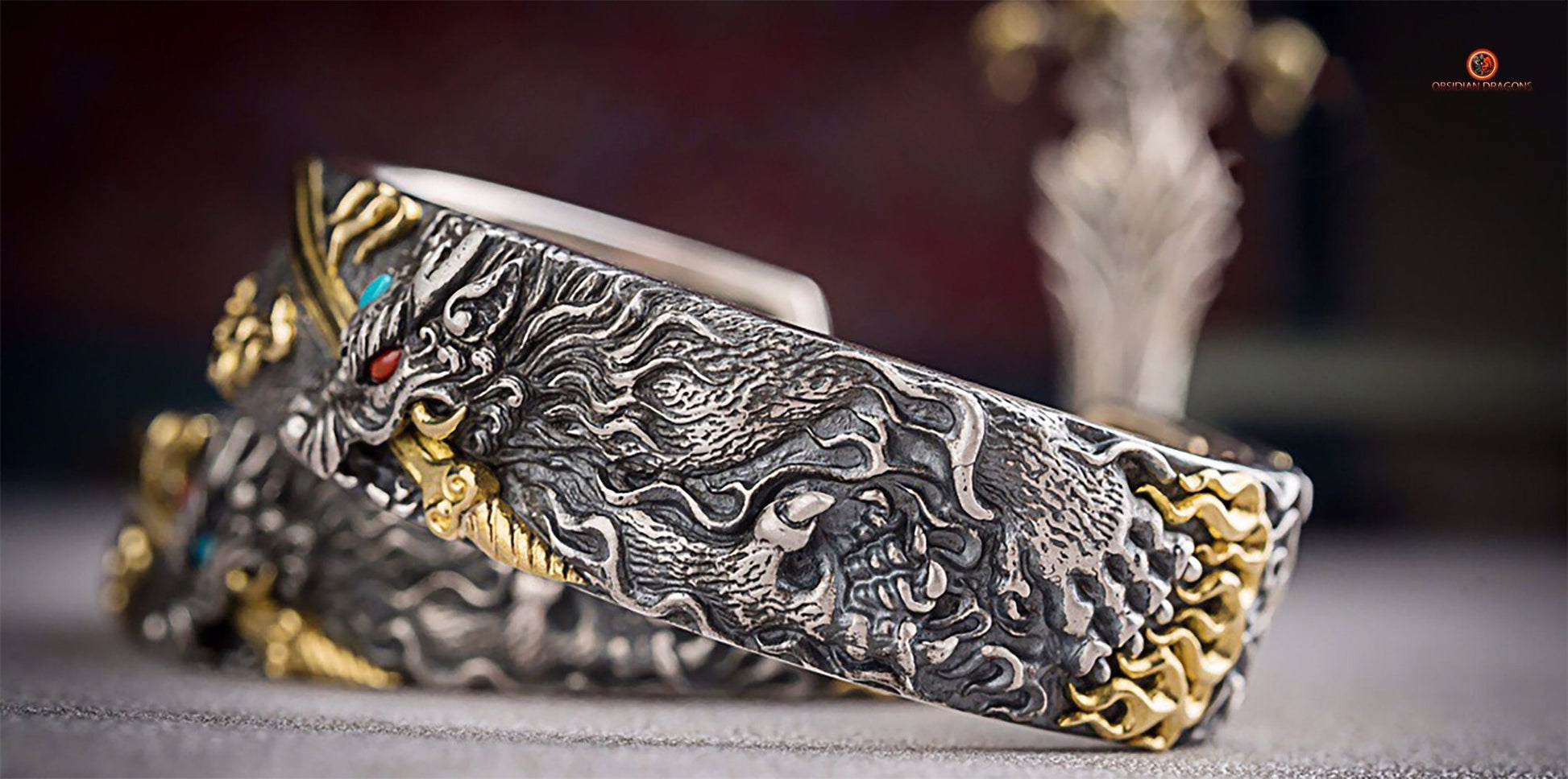 Bracelet Manchette Dragon Yazi en Argent - Force et Protection | obsidian dragons