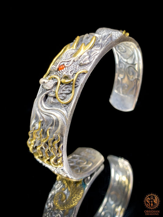 Bracelet manchette dragon- Argent 990 - Protection Feng shui | obsidian dragons