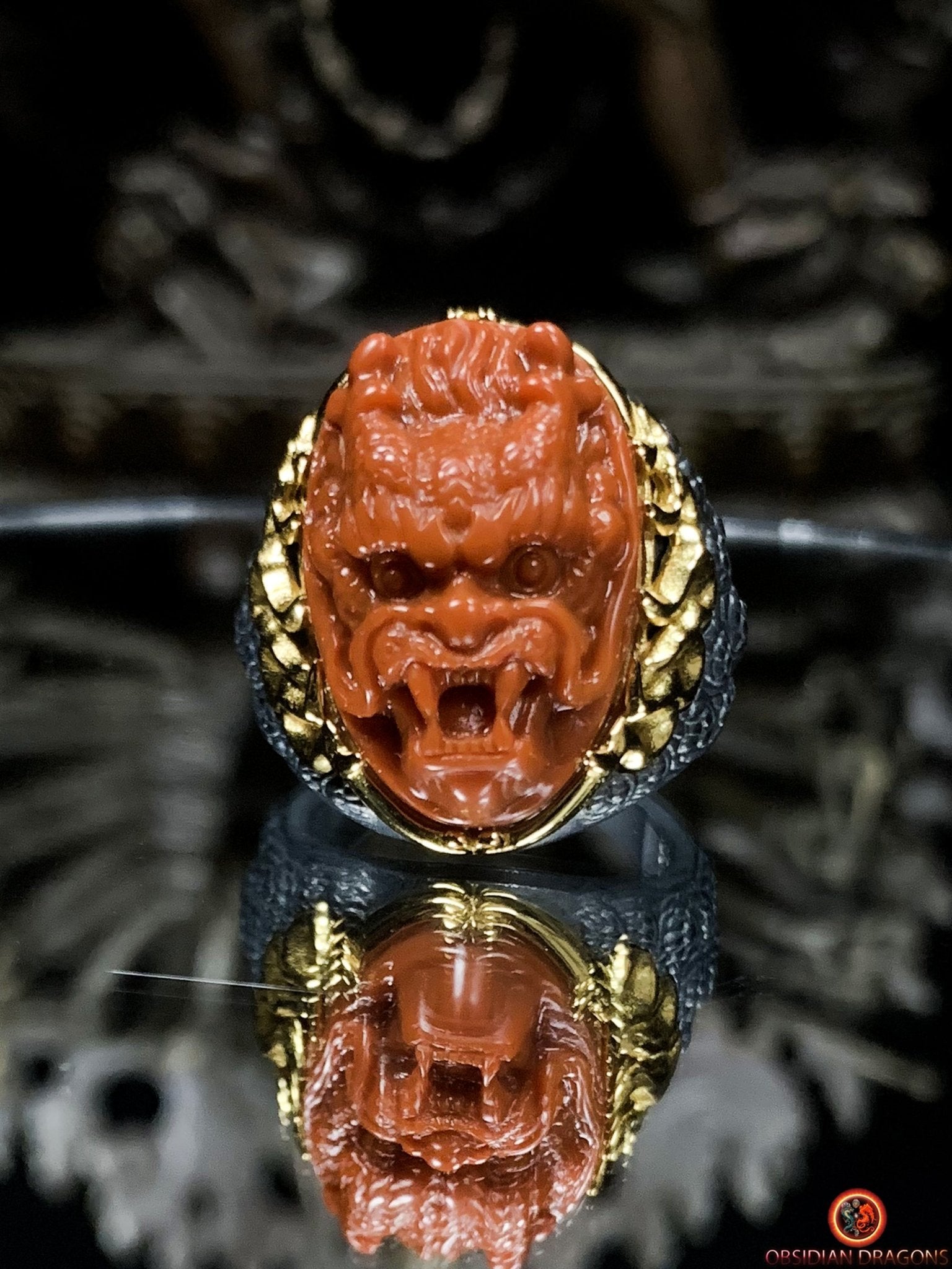 Chevalière Dragon - Agate nan hong - argent et or - Puissance | obsidian dragons