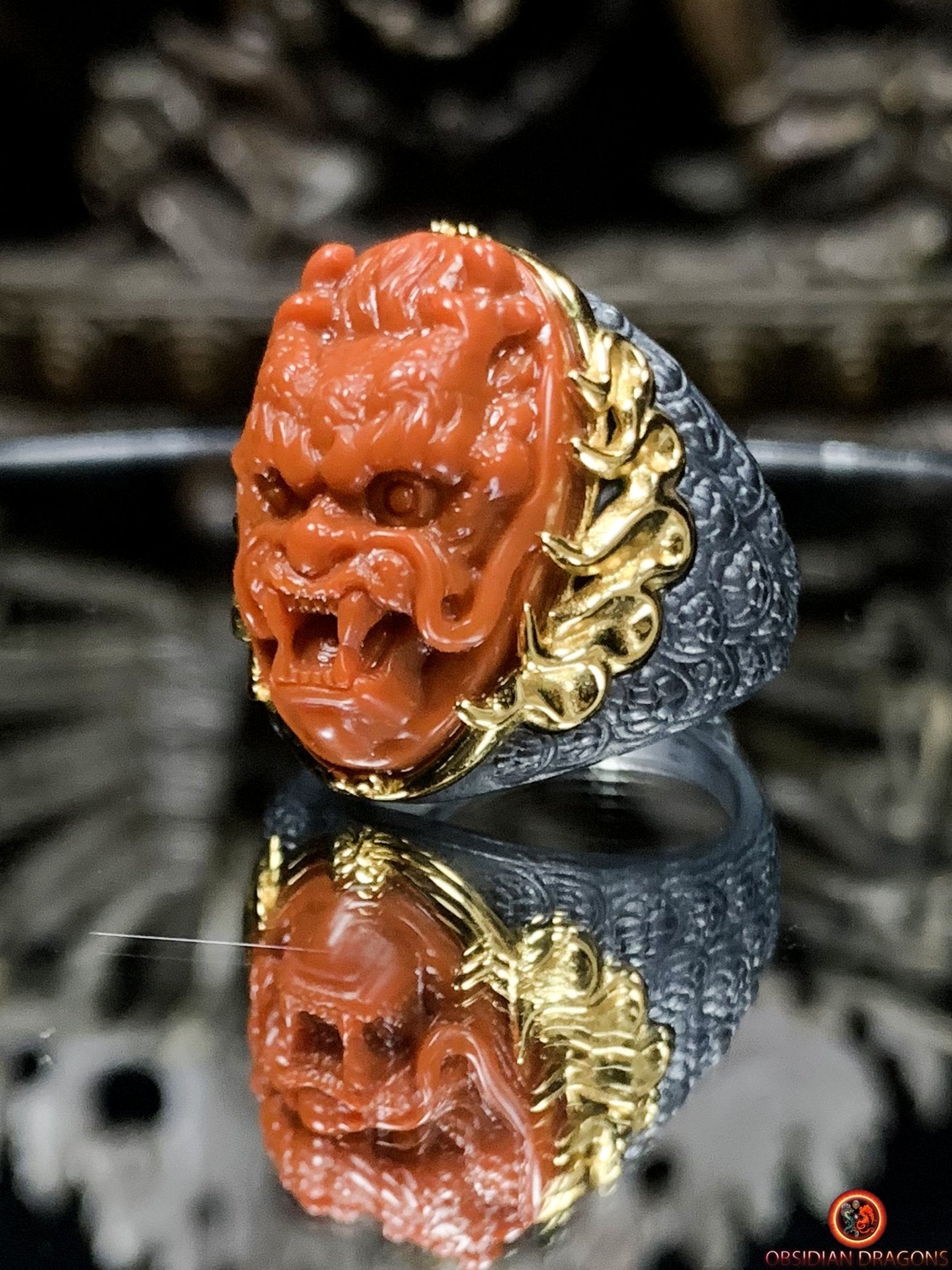 Chevalière Dragon - Agate nan hong - argent et or - Puissance | obsidian dragons