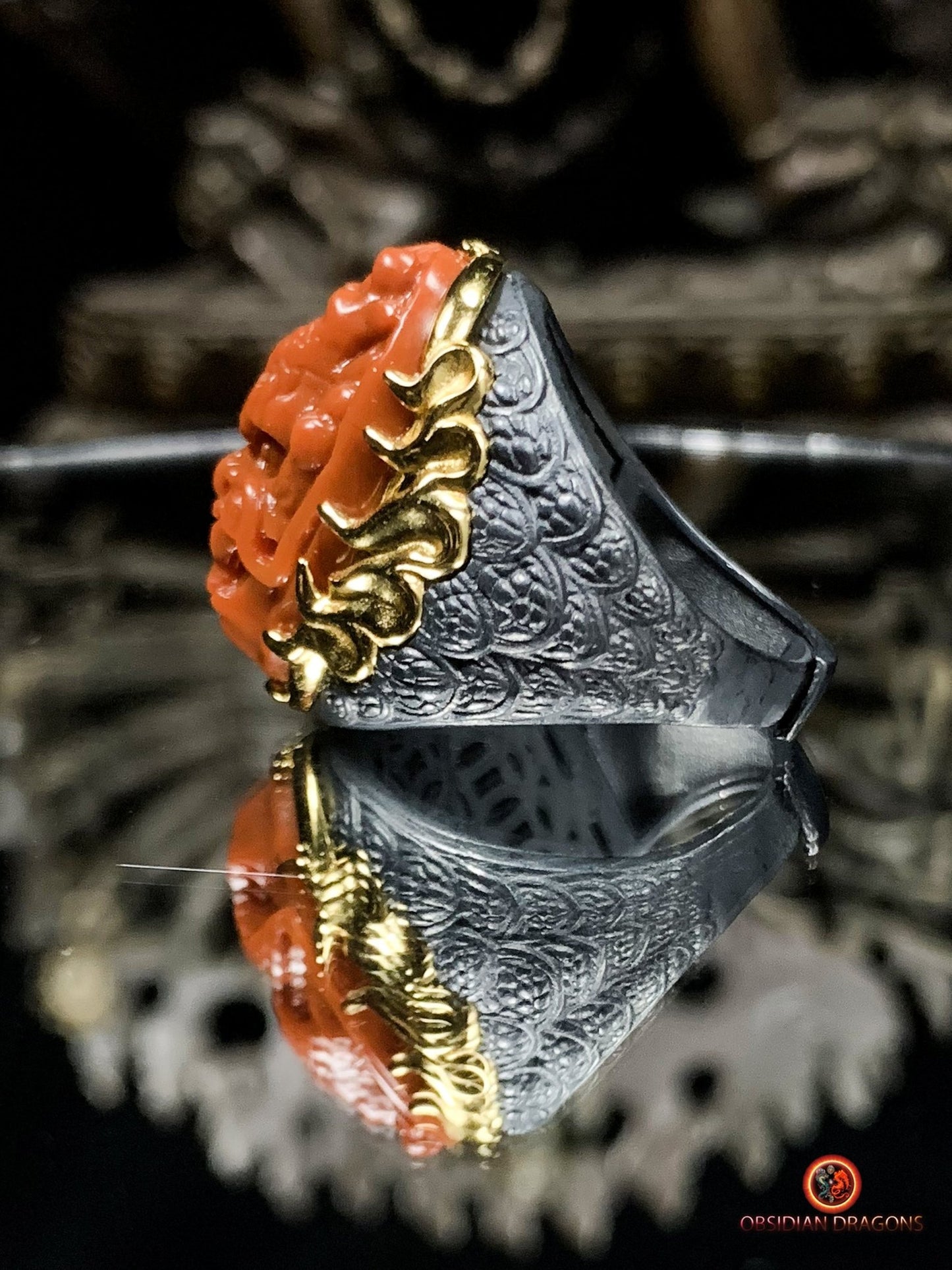 Chevalière Dragon - Agate nan hong - argent et or - Puissance | obsidian dragons