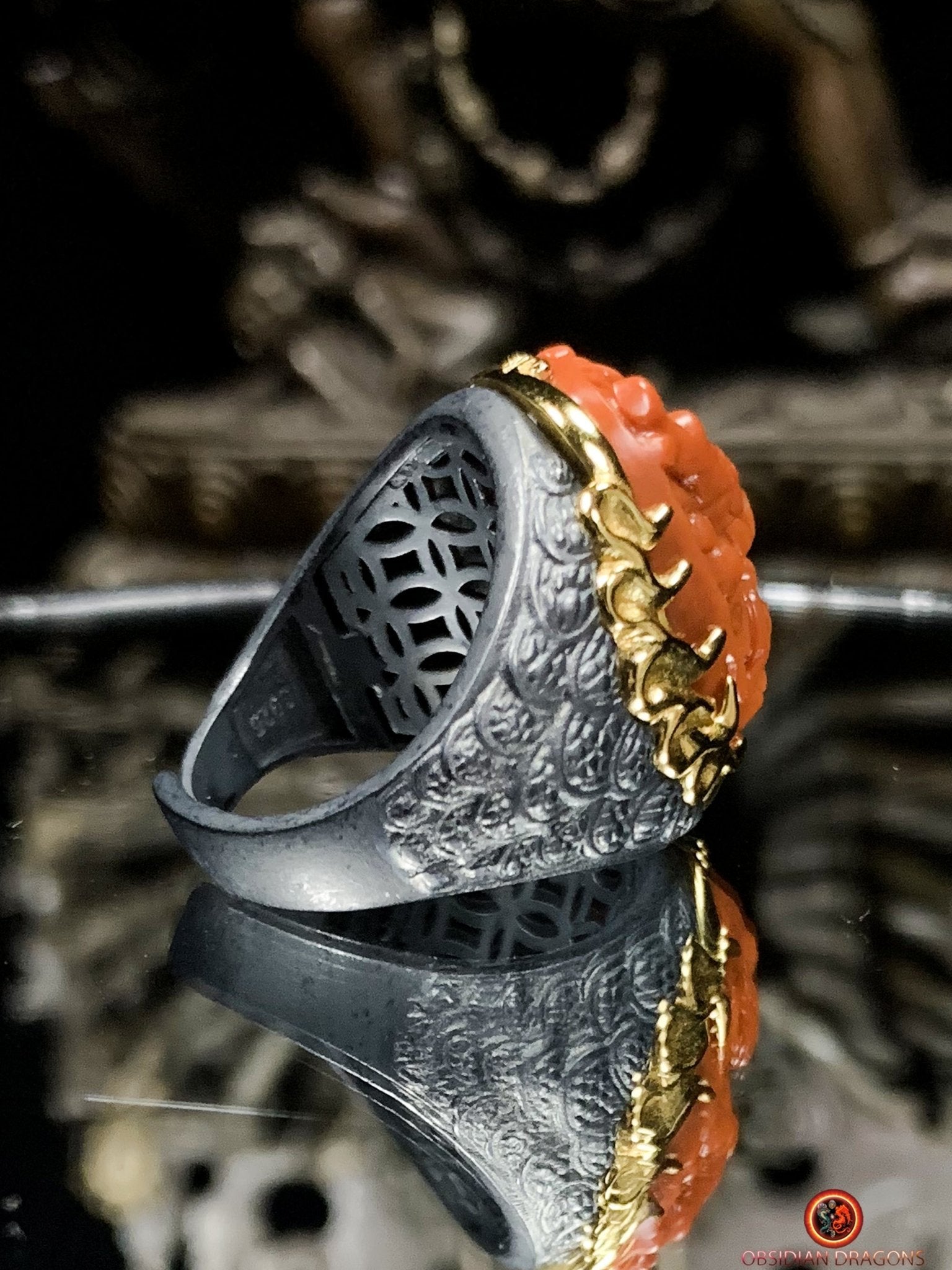 Chevalière Dragon - Agate nan hong - argent et or - Puissance | obsidian dragons