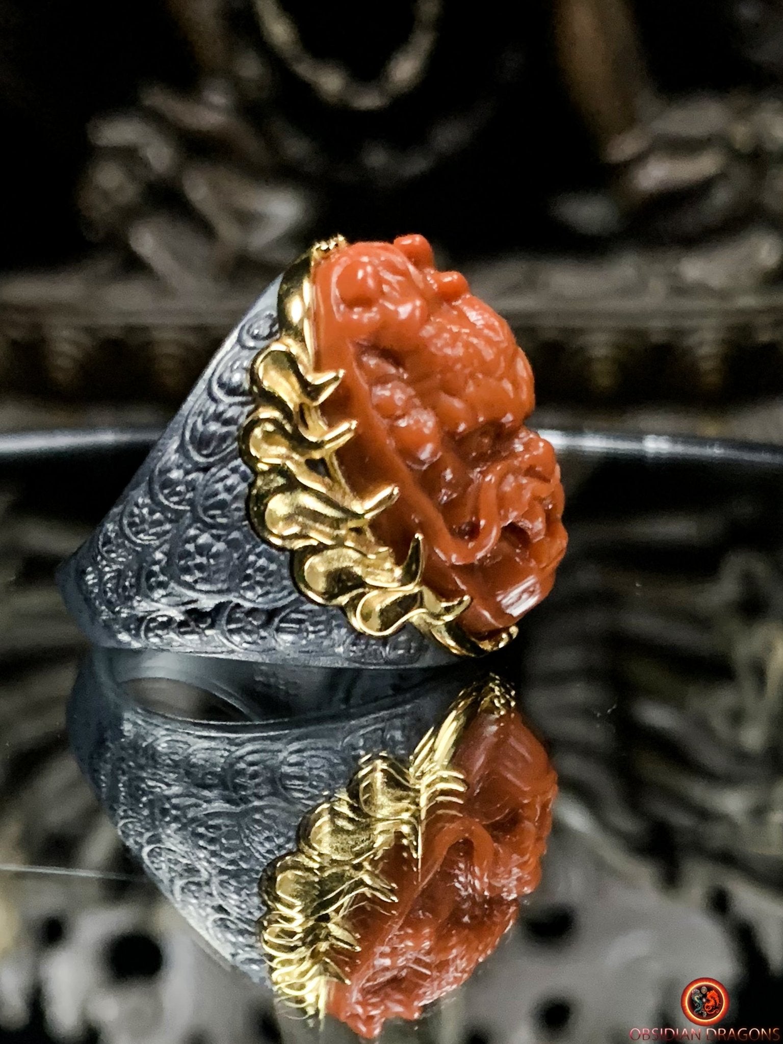 Chevalière Dragon - Agate nan hong - argent et or - Puissance | obsidian dragons