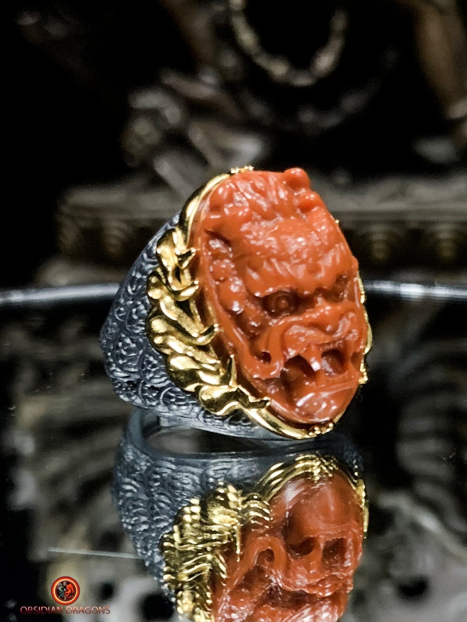 Chevalière Dragon - Agate nan hong - argent et or - Puissance | obsidian dragons