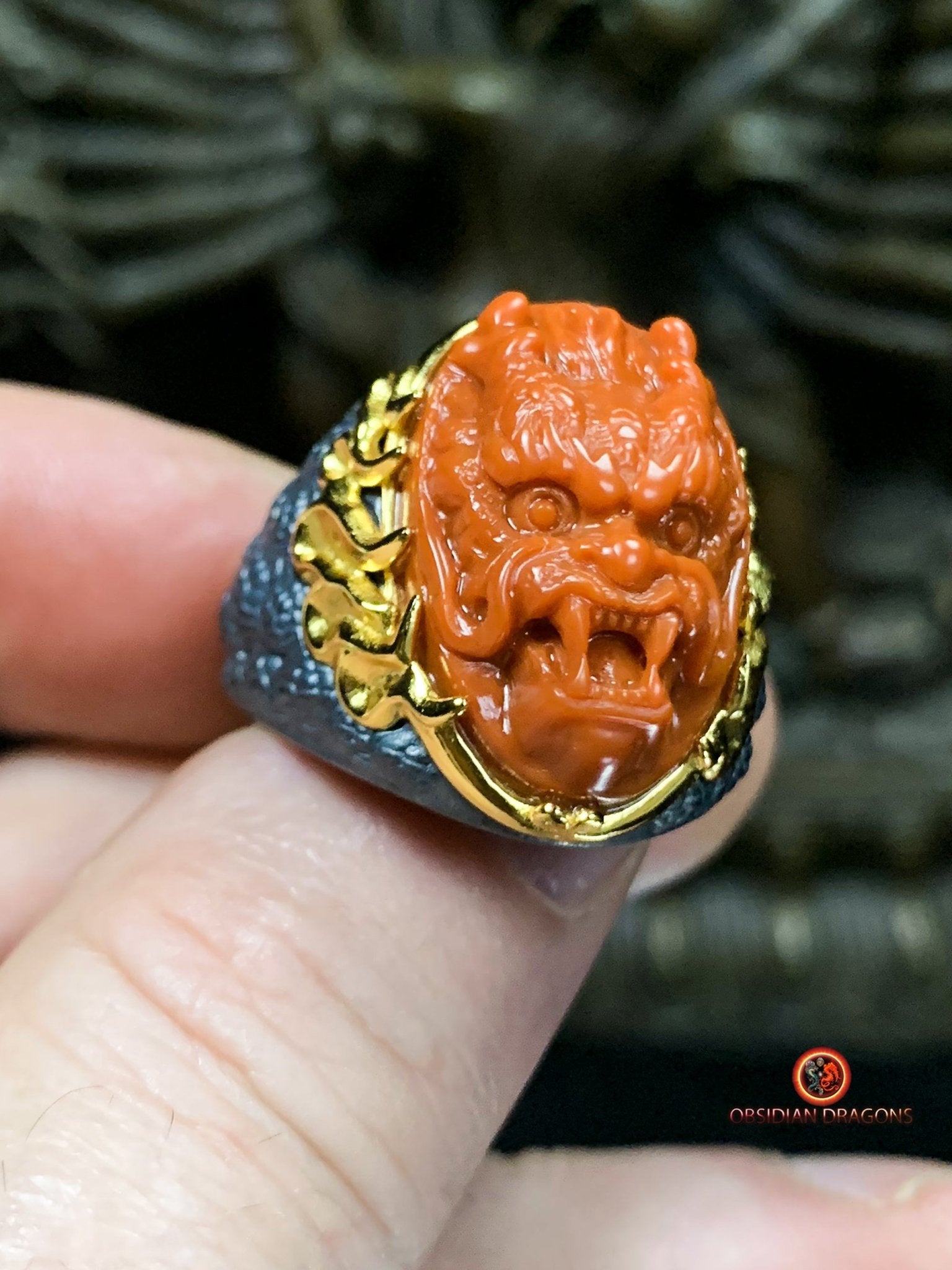 Chevalière Dragon - Agate nan hong - argent et or - Puissance | obsidian dragons