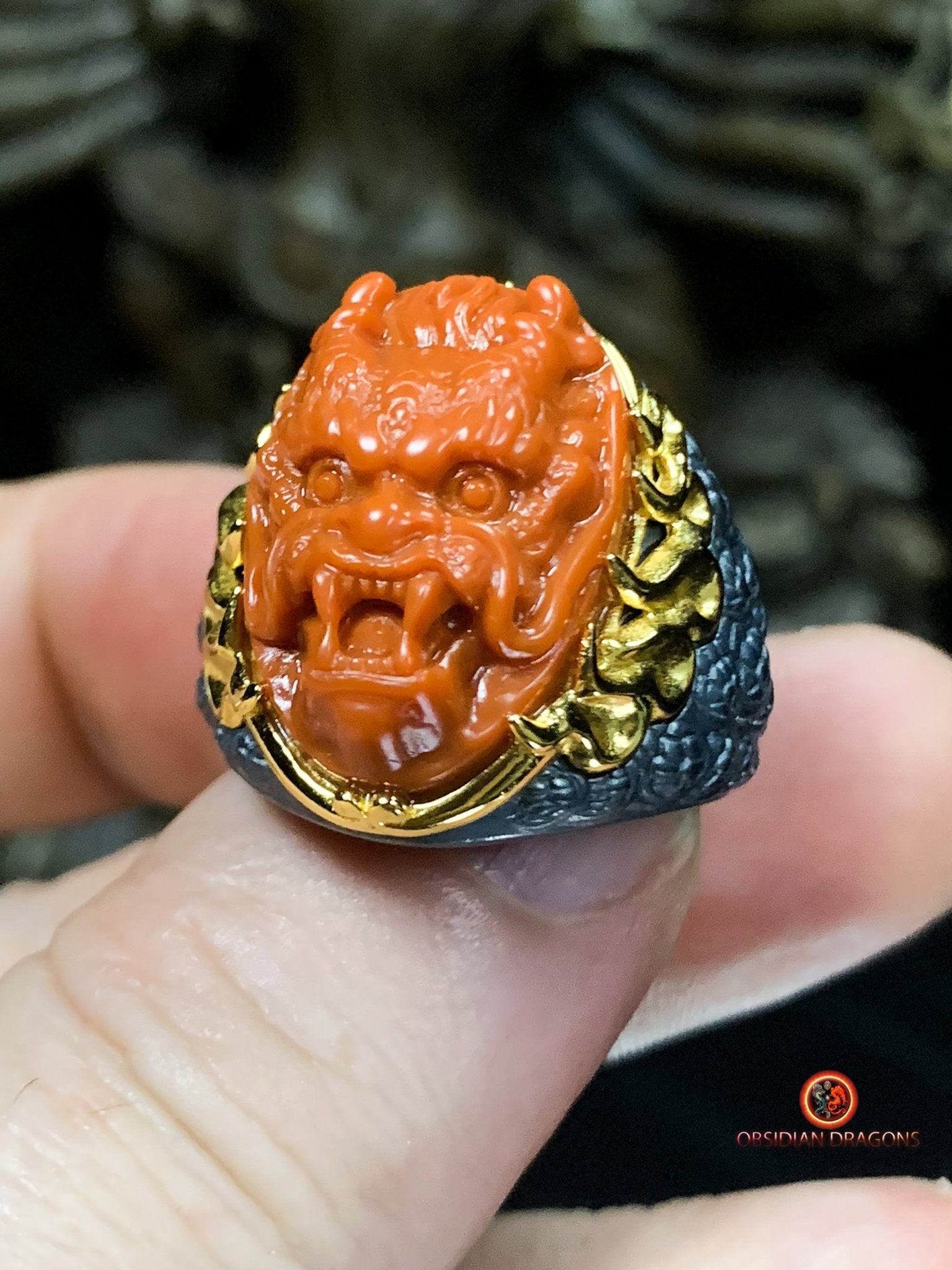 Chevalière Dragon - Agate nan hong - argent et or - Puissance | obsidian dragons