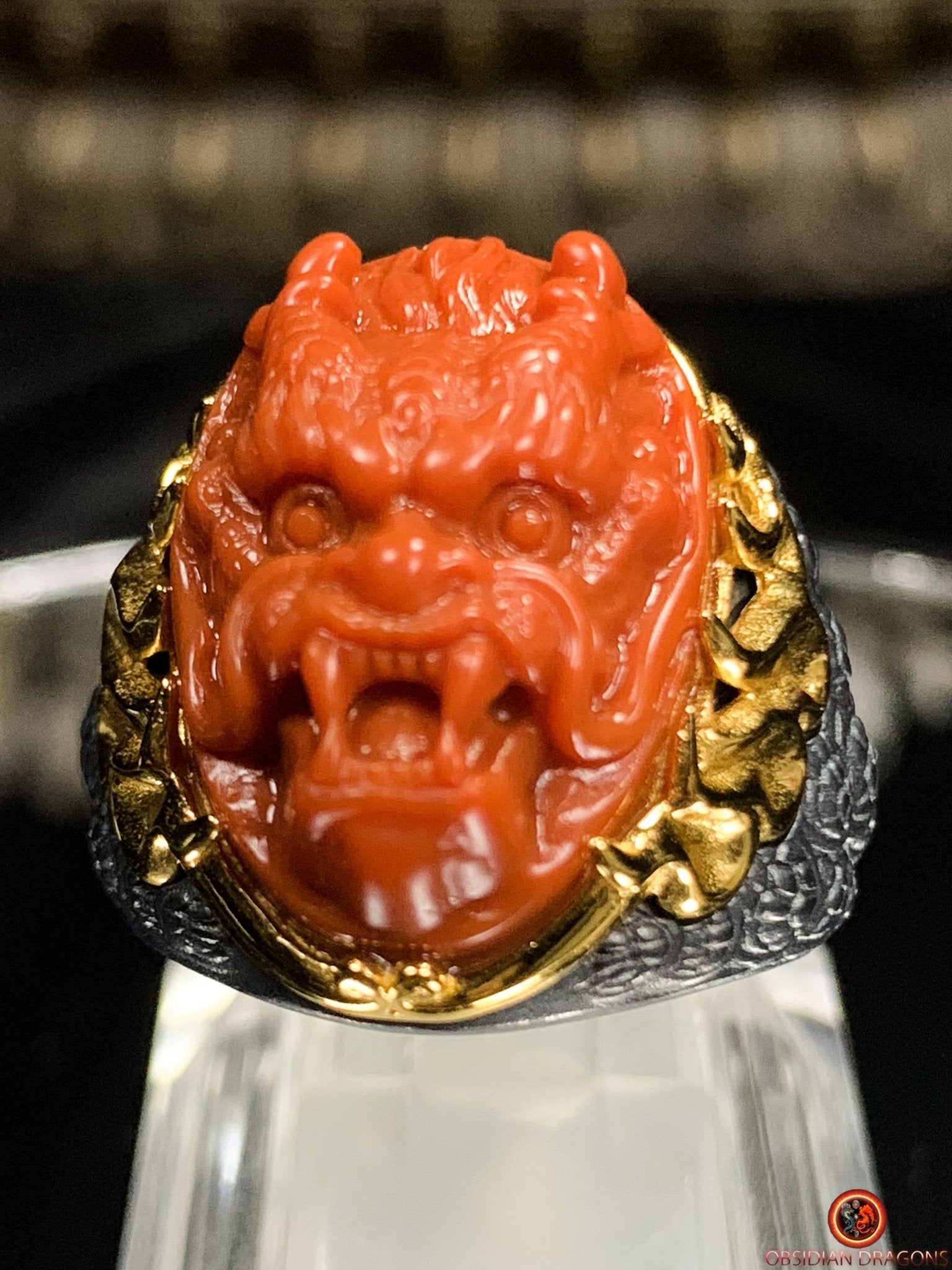 Chevalière Dragon - Agate nan hong - argent et or - Puissance | obsidian dragons