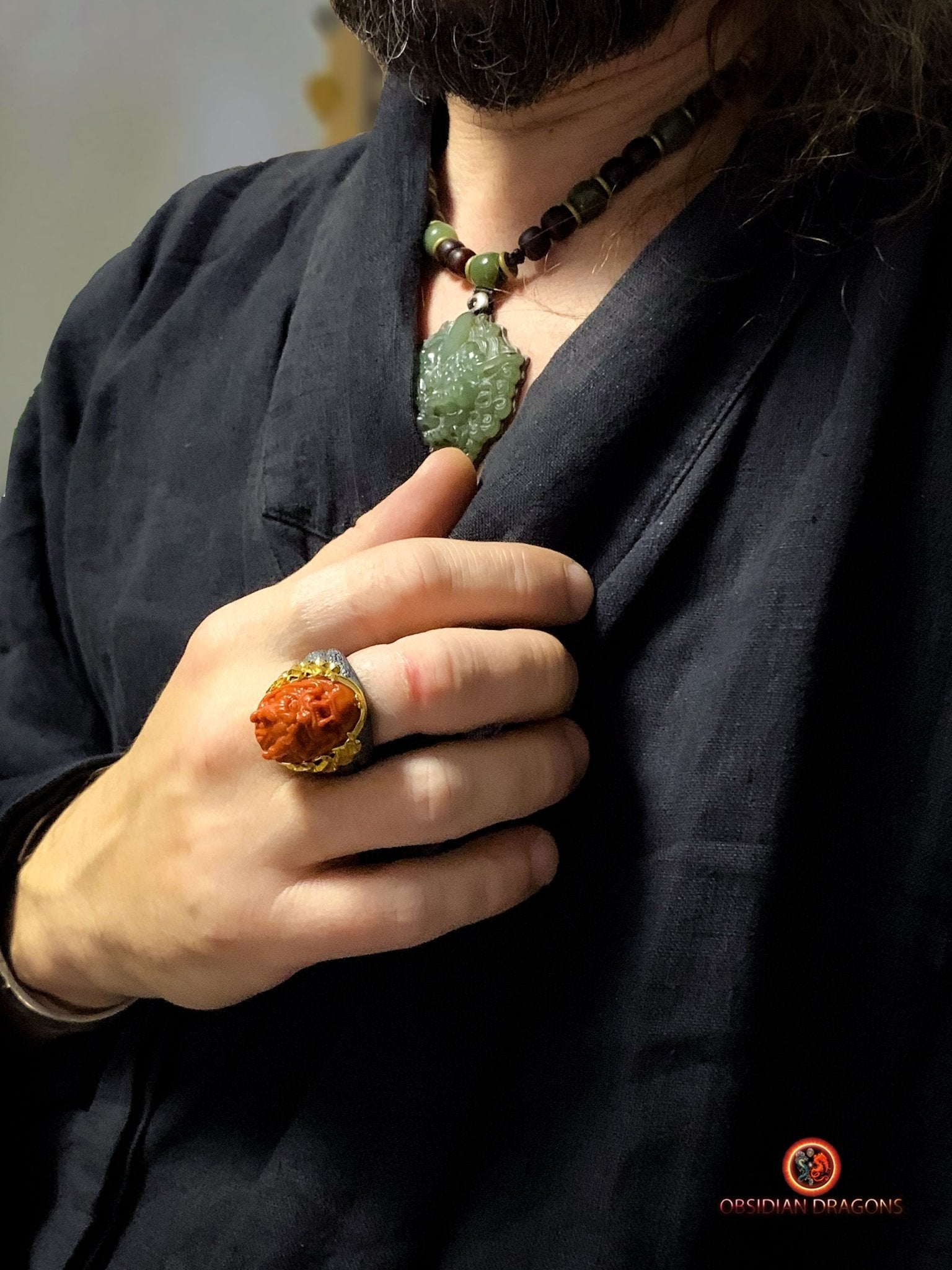 Chevalière Dragon - Agate nan hong - argent et or - Puissance | obsidian dragons