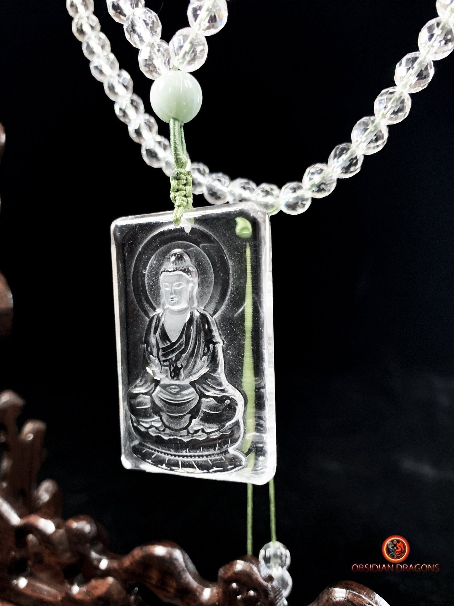 Collier Bouddhiste en Cristal de Roche Gemme du Bouddha Amitabha | obsidian dragons