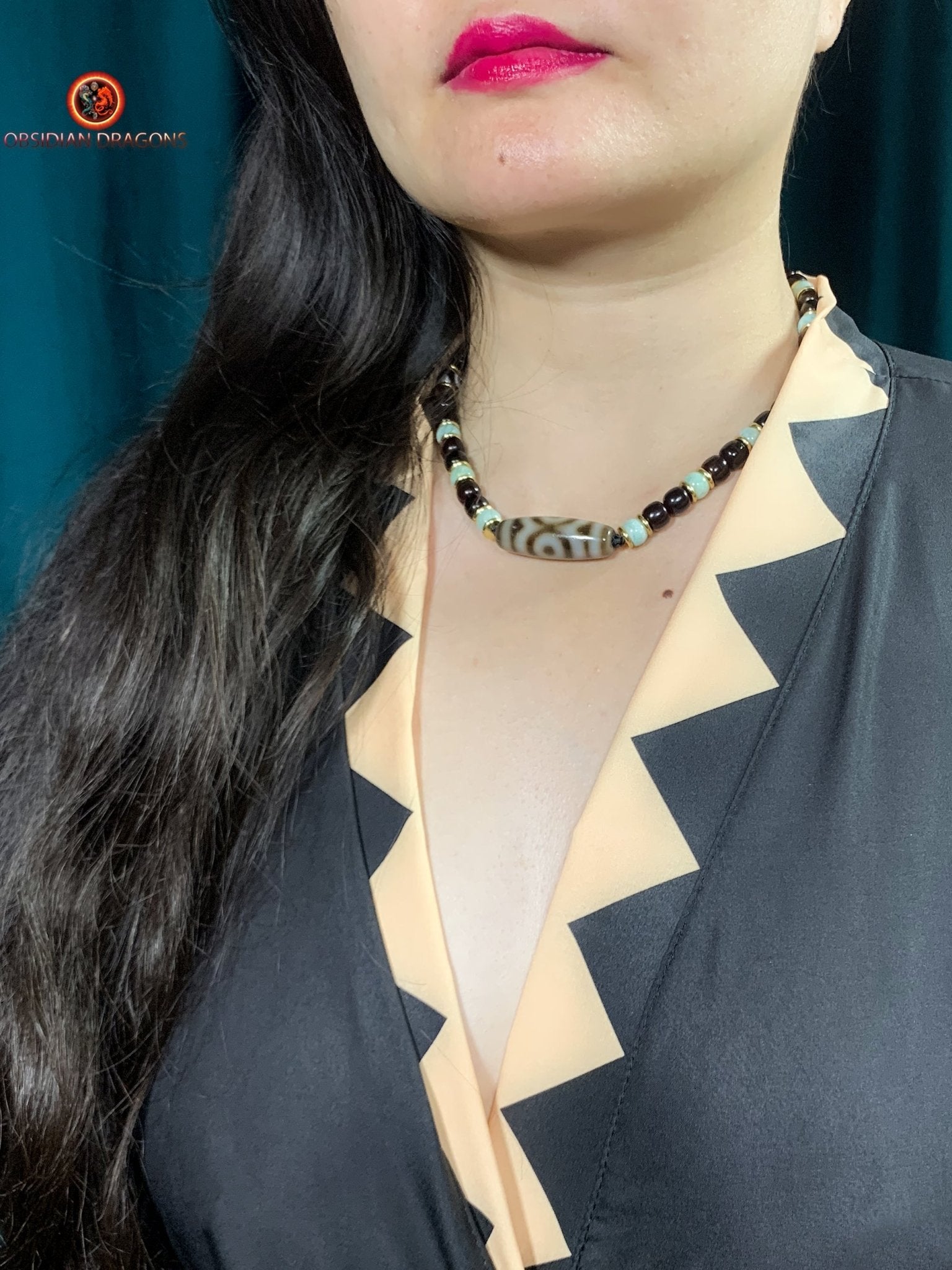 Collier DZI- DZI à 3 Yeux- Protection tibétaine | obsidian dragons