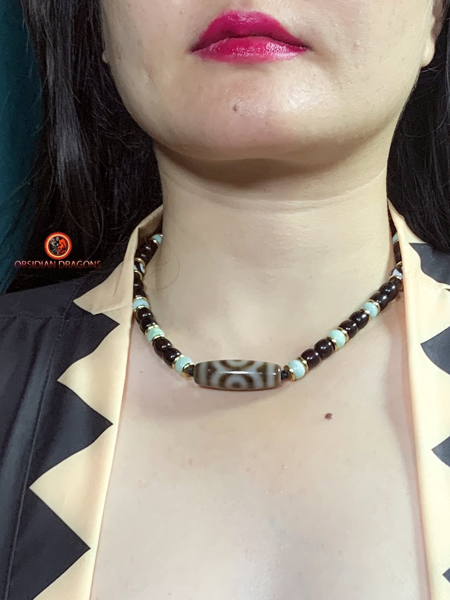 Collier DZI- DZI à 3 Yeux- Protection tibétaine | obsidian dragons