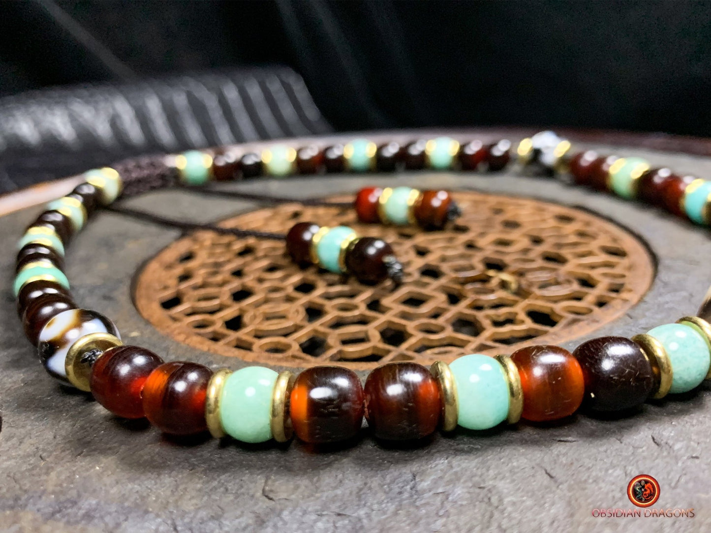 Collier DZI- DZI à 3 Yeux- Protection tibétaine | obsidian dragons
