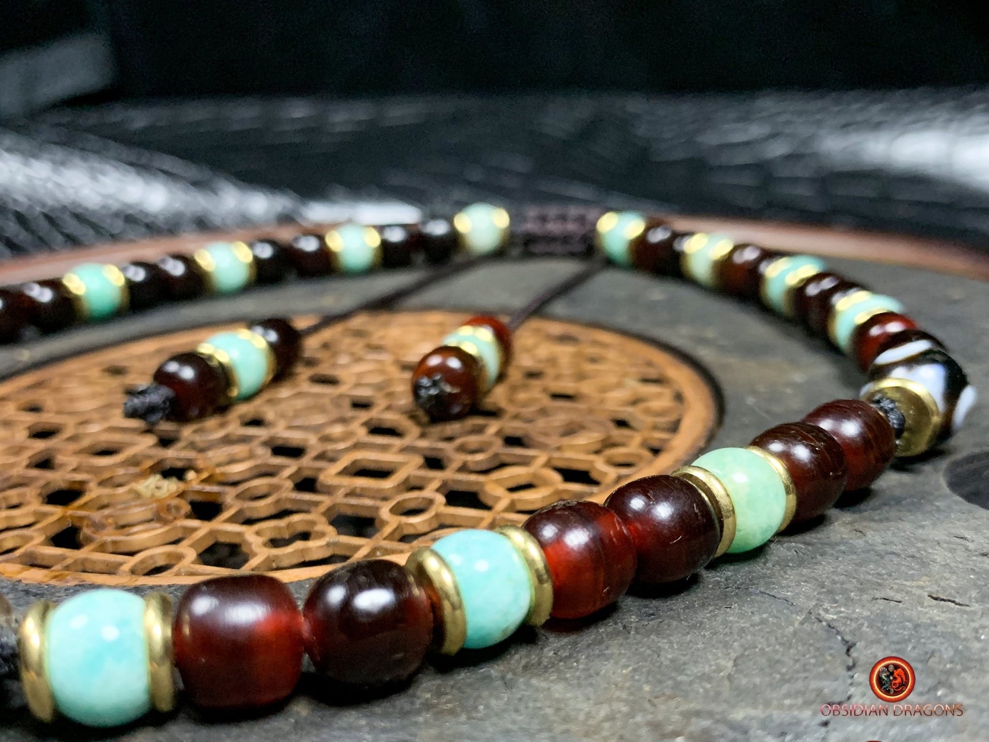 Collier DZI- DZI à 3 Yeux- Protection tibétaine | obsidian dragons