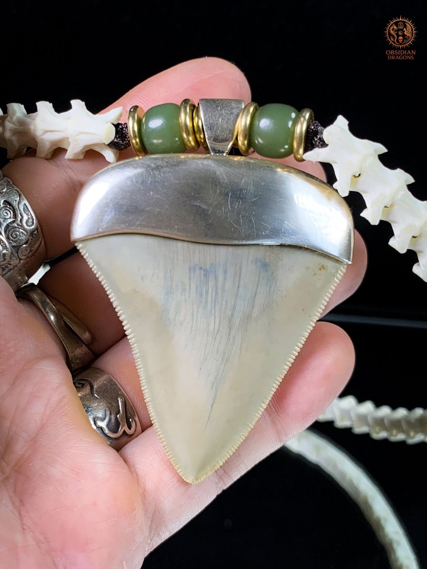 Collier Dent de Mégalodon – Vertèbres de Serpent – Collier Chaman | obsidian dragons